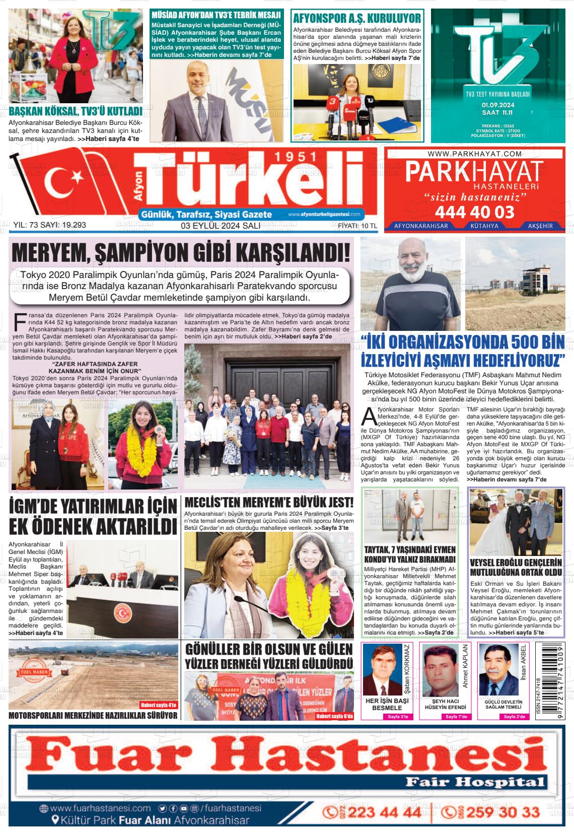 03 Eylül 2024 Afyon Türkeli Gazete Manşeti