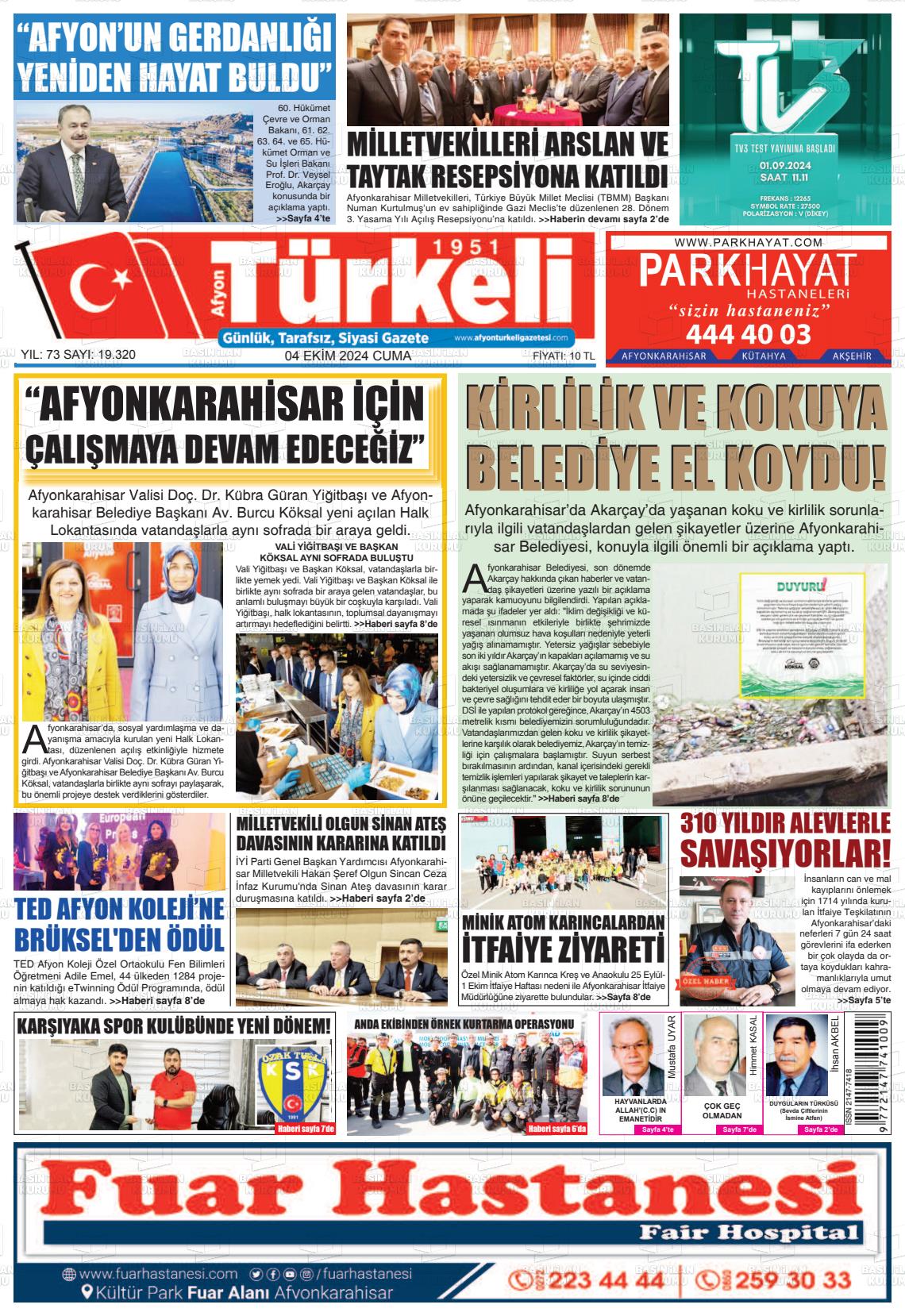 04 Ekim 2024 Afyon Türkeli Gazete Manşeti