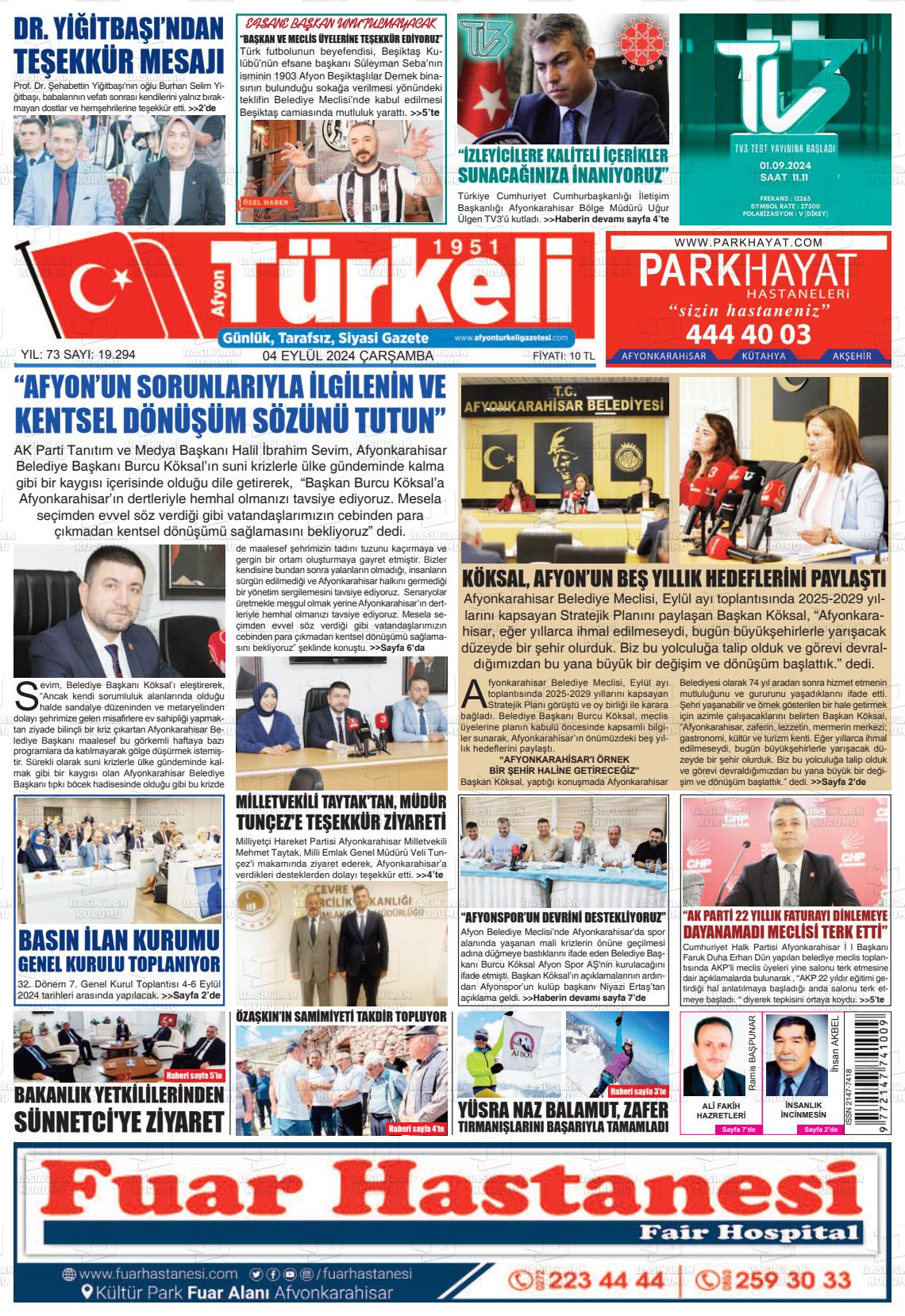 04 Eylül 2024 Afyon Türkeli Gazete Manşeti