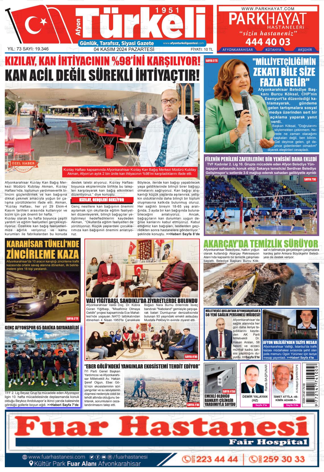 04 Kasım 2024 Afyon Türkeli Gazete Manşeti