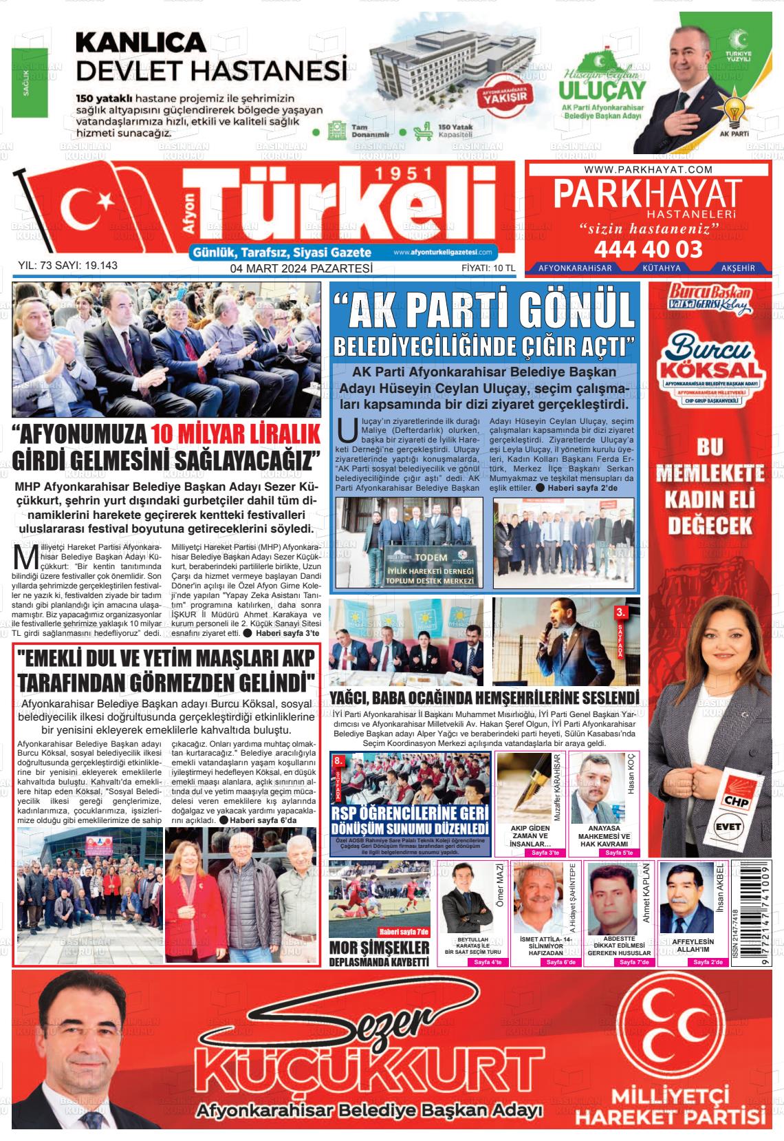 04 Mart 2024 Afyon Türkeli Gazete Manşeti