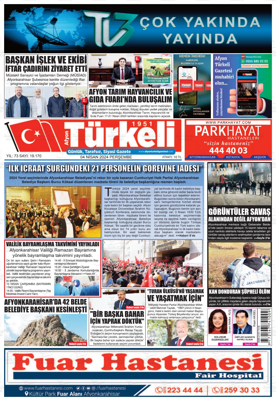 04 Nisan 2024 Afyon Türkeli Gazete Manşeti