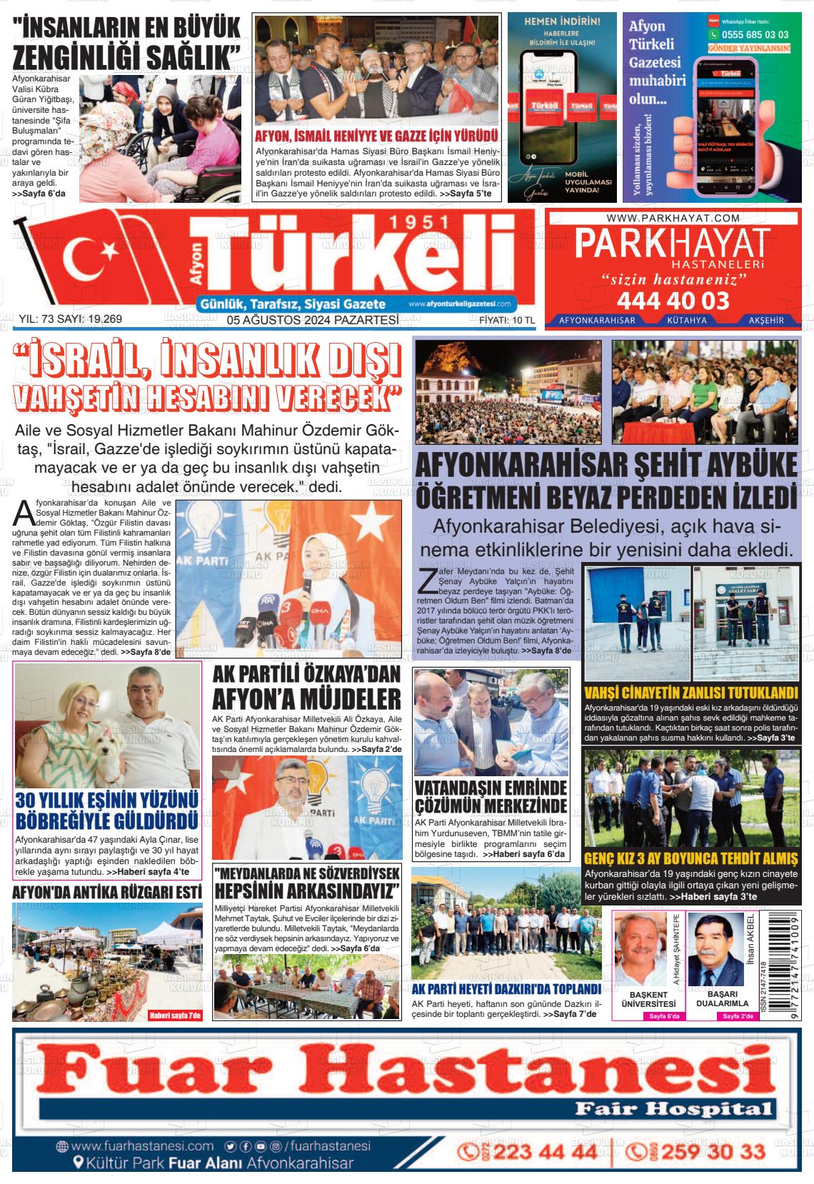 05 Ağustos 2024 Afyon Türkeli Gazete Manşeti