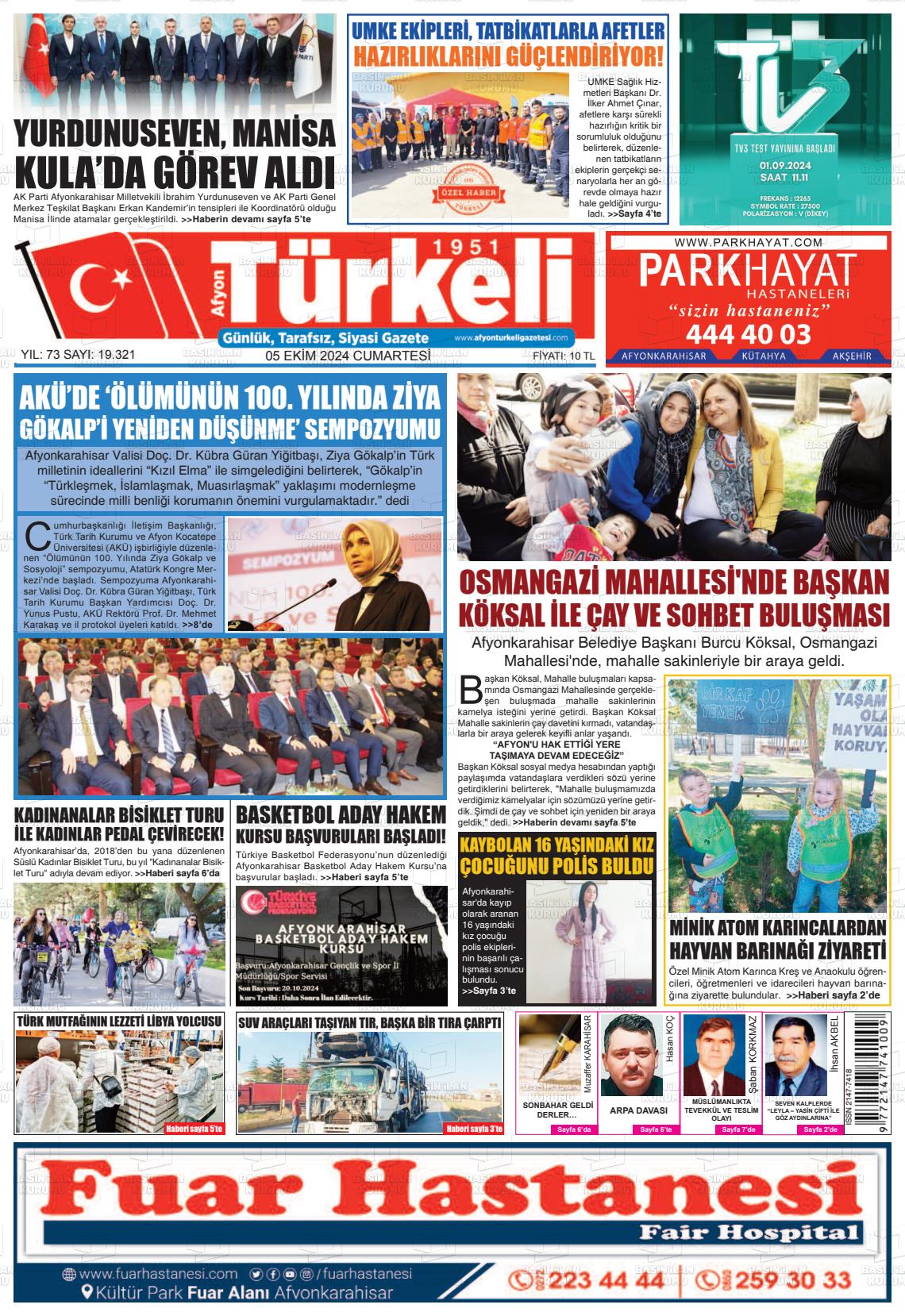 05 Ekim 2024 Afyon Türkeli Gazete Manşeti