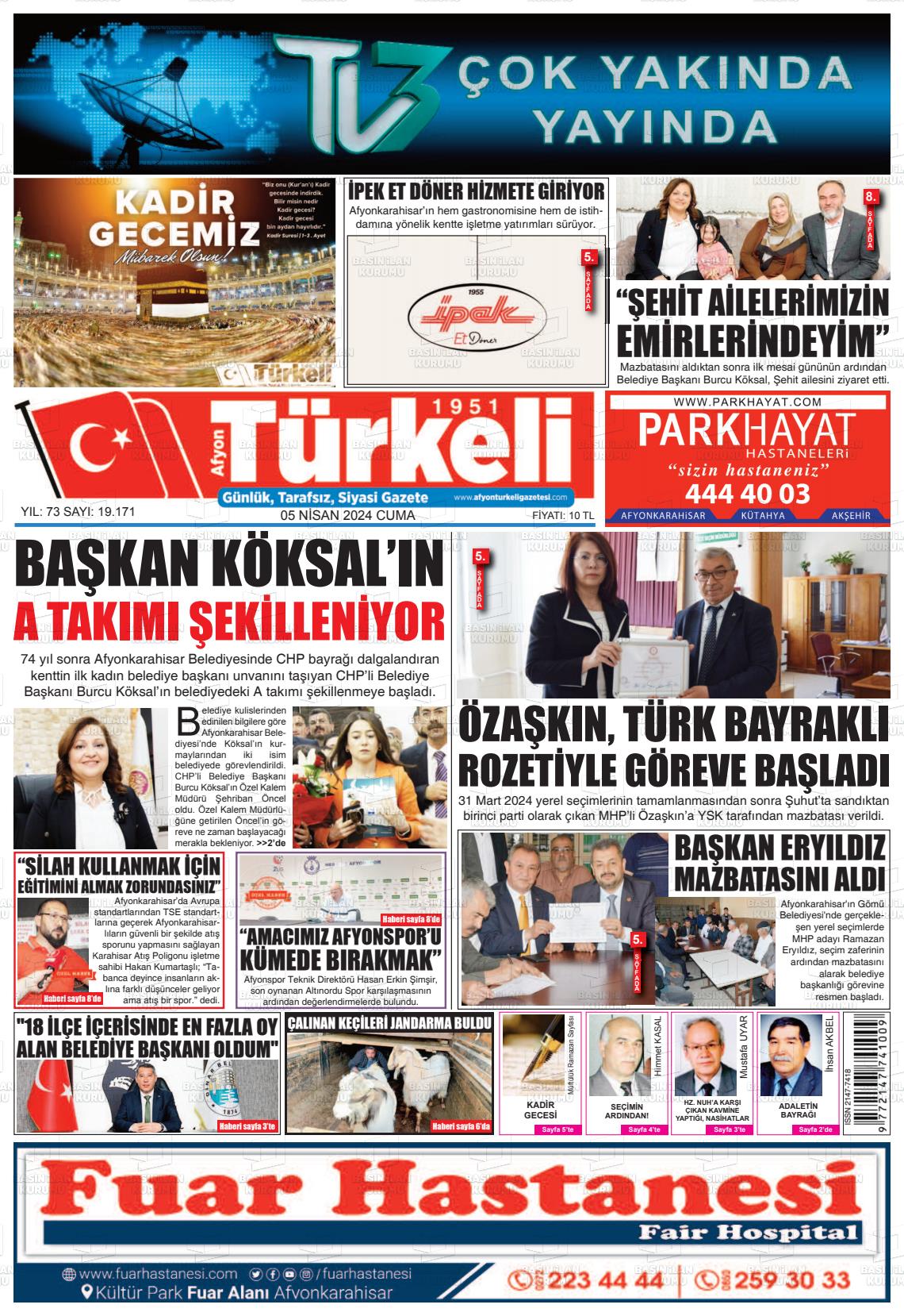 05 Nisan 2024 Afyon Türkeli Gazete Manşeti