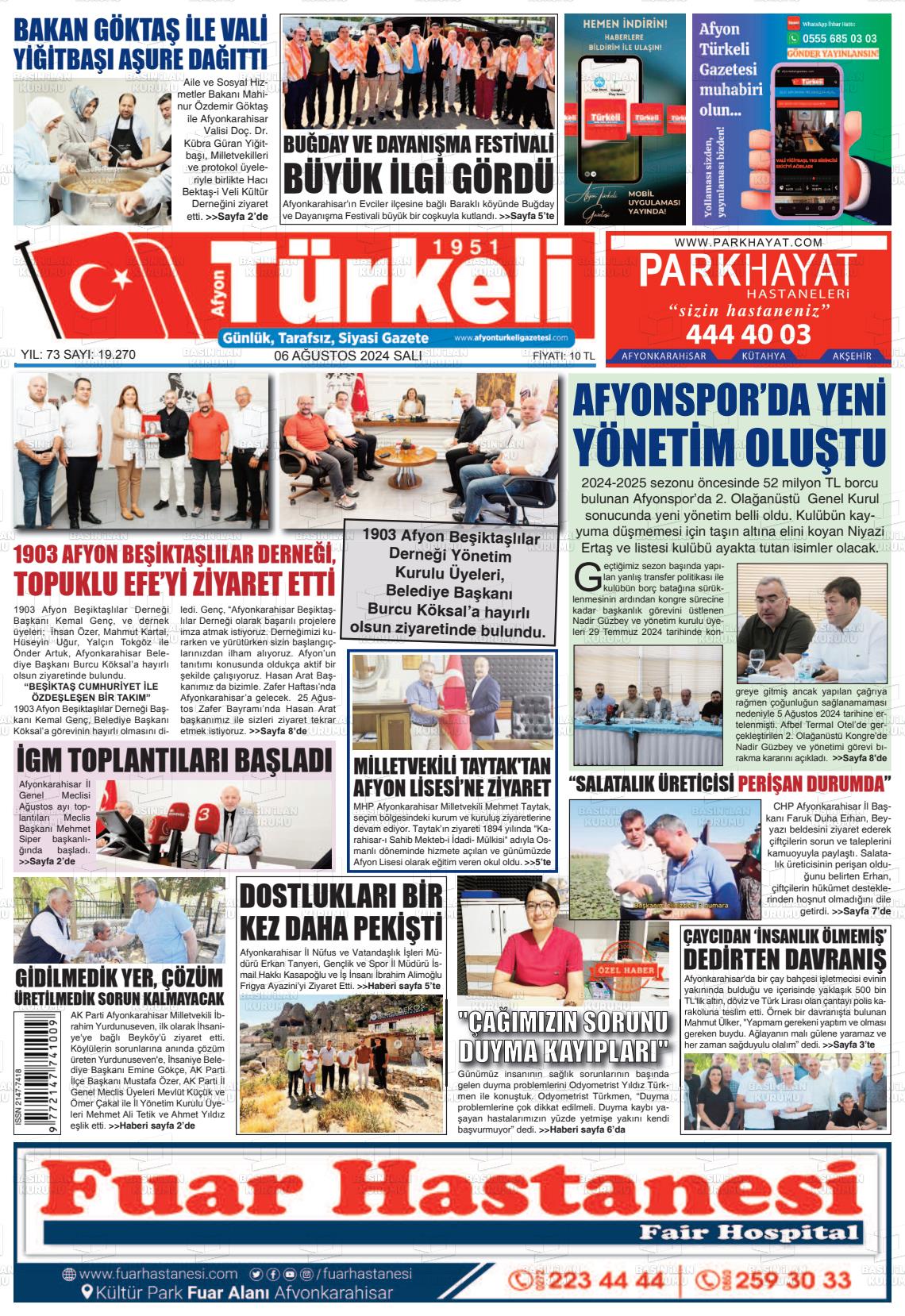 06 Ağustos 2024 Afyon Türkeli Gazete Manşeti