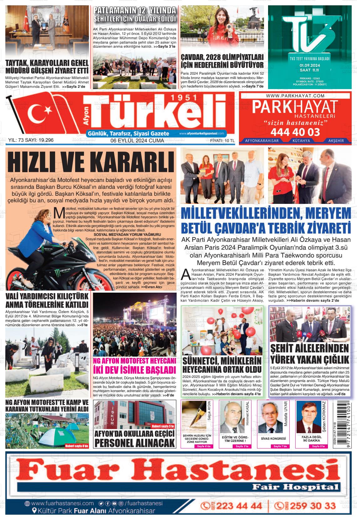 06 Eylül 2024 Afyon Türkeli Gazete Manşeti