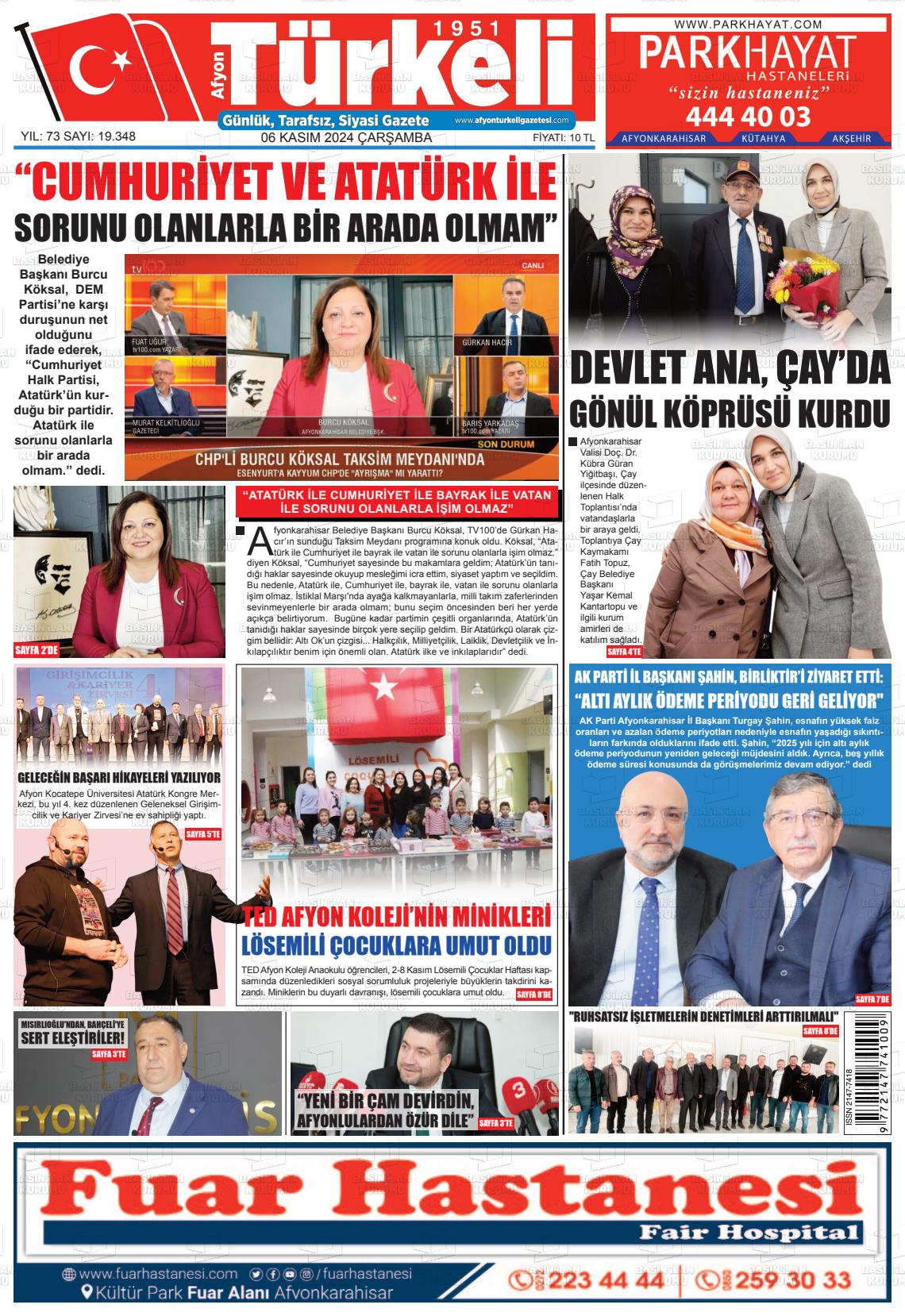 06 Kasım 2024 Afyon Türkeli Gazete Manşeti