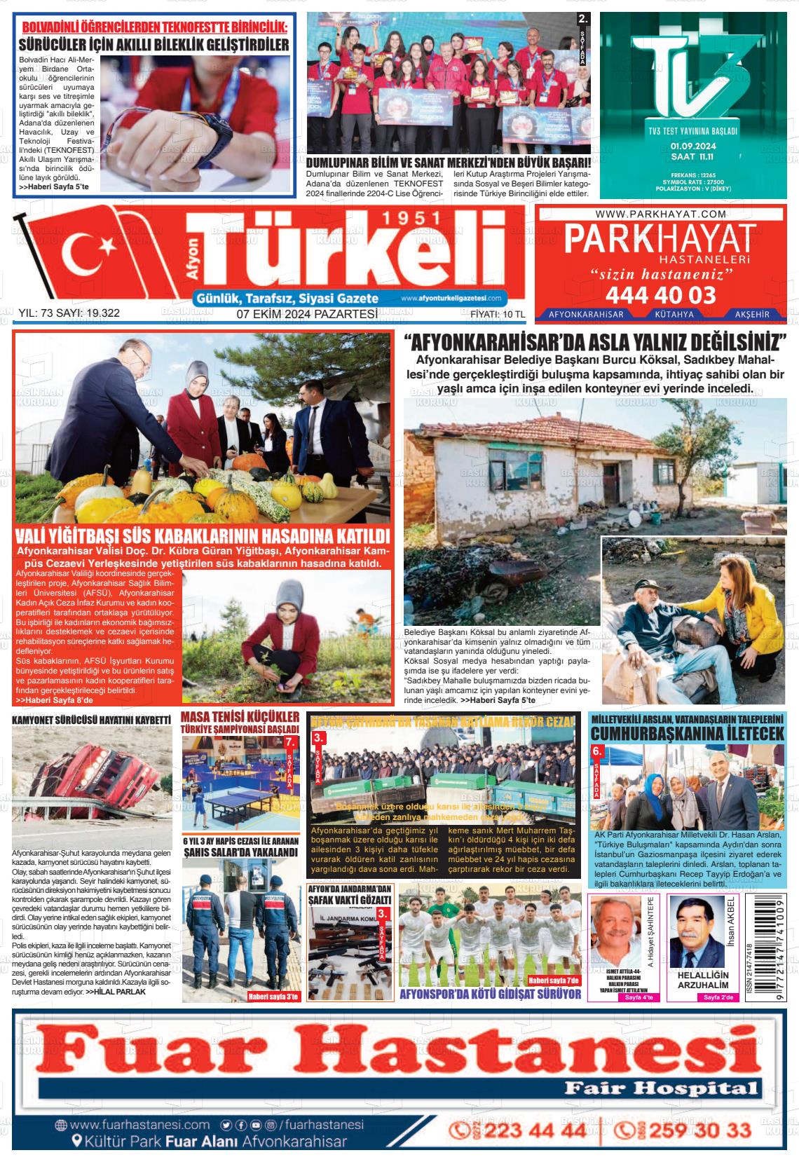 07 Ekim 2024 Afyon Türkeli Gazete Manşeti