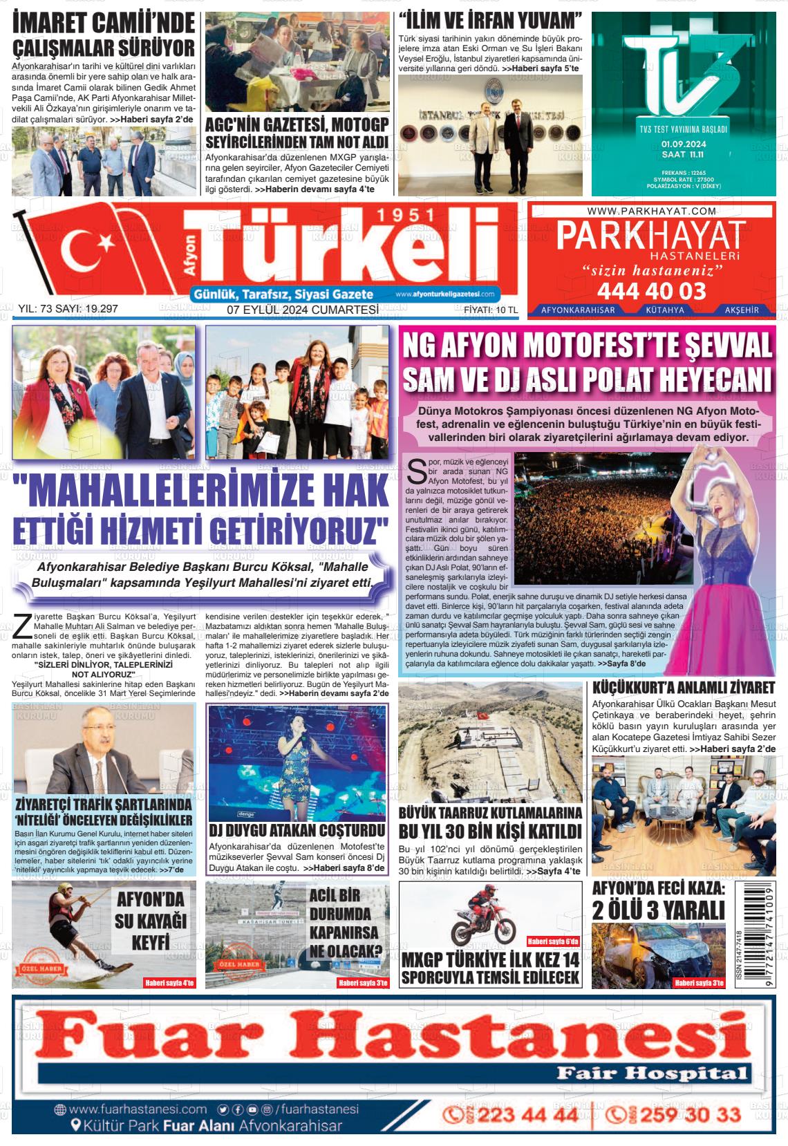 07 Eylül 2024 Afyon Türkeli Gazete Manşeti