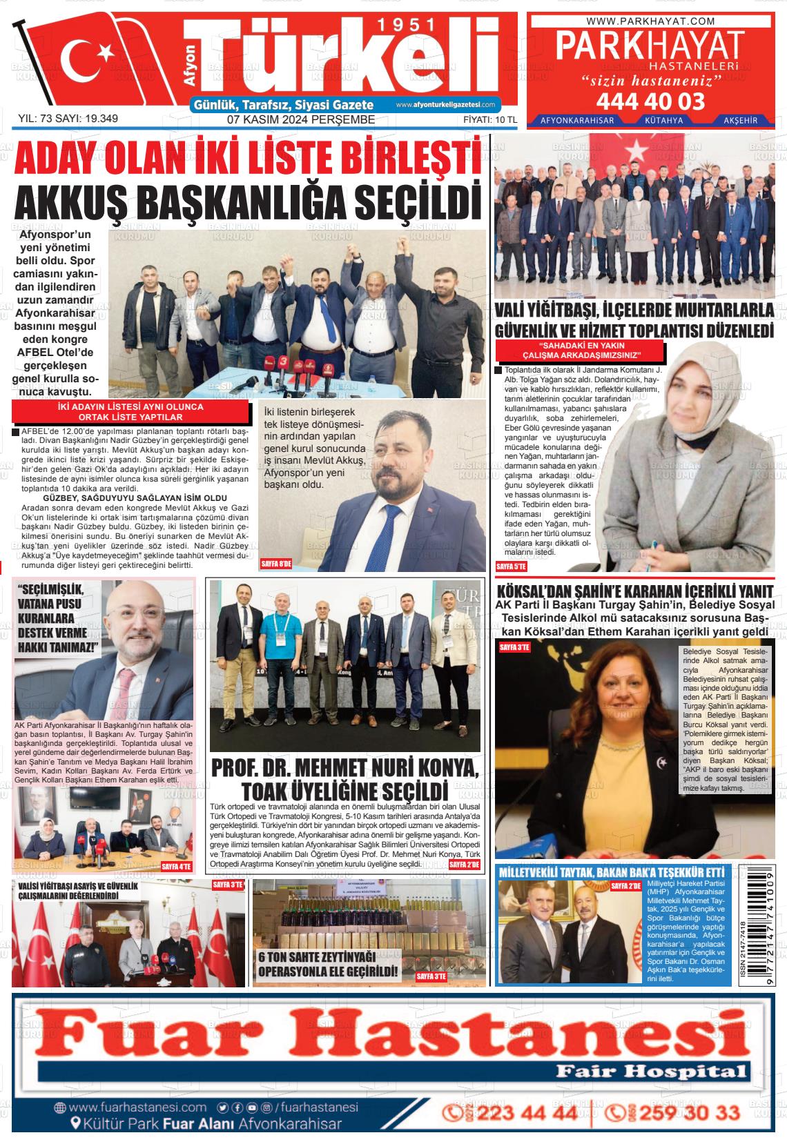 07 Kasım 2024 Afyon Türkeli Gazete Manşeti