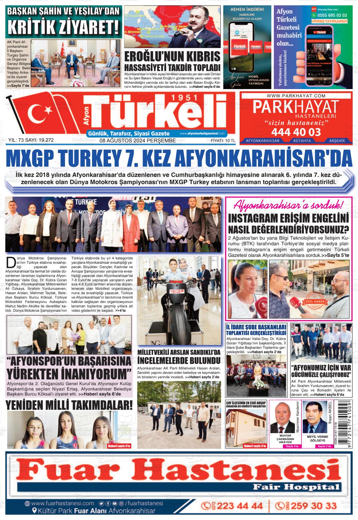 08 Ağustos 2024 Afyon Türkeli Gazete Manşeti