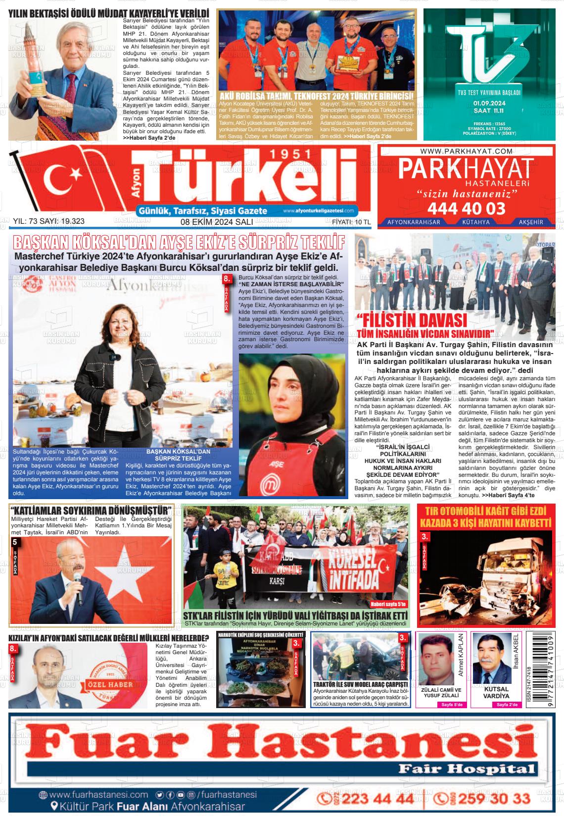 08 Ekim 2024 Afyon Türkeli Gazete Manşeti