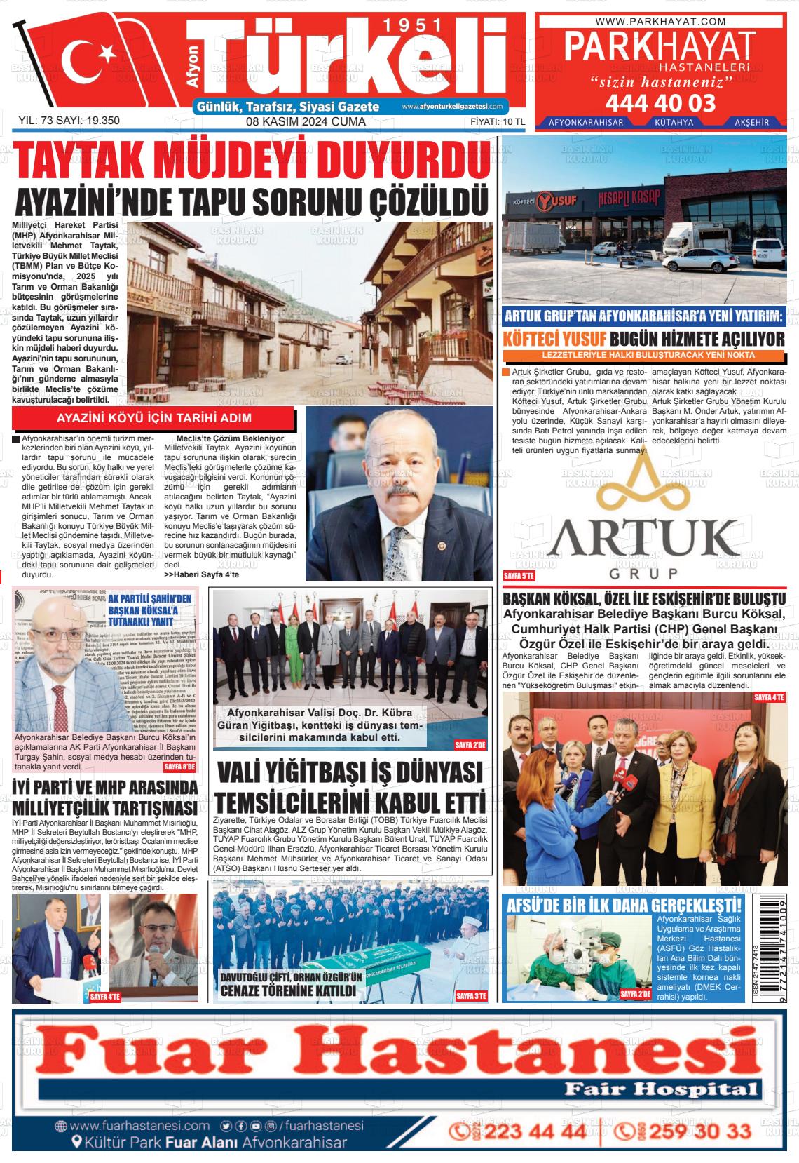 08 Kasım 2024 Afyon Türkeli Gazete Manşeti