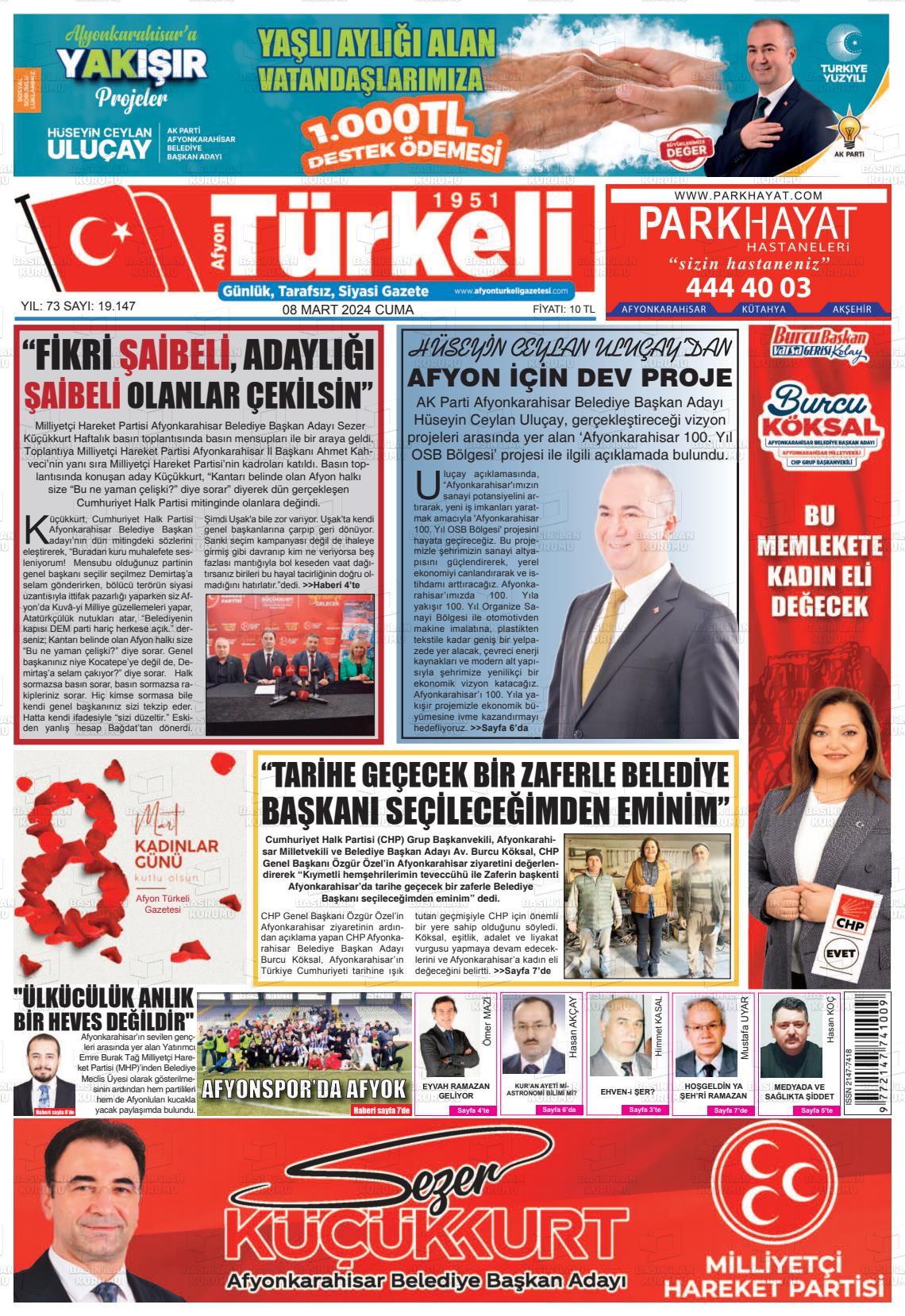 08 Mart 2024 Afyon Türkeli Gazete Manşeti