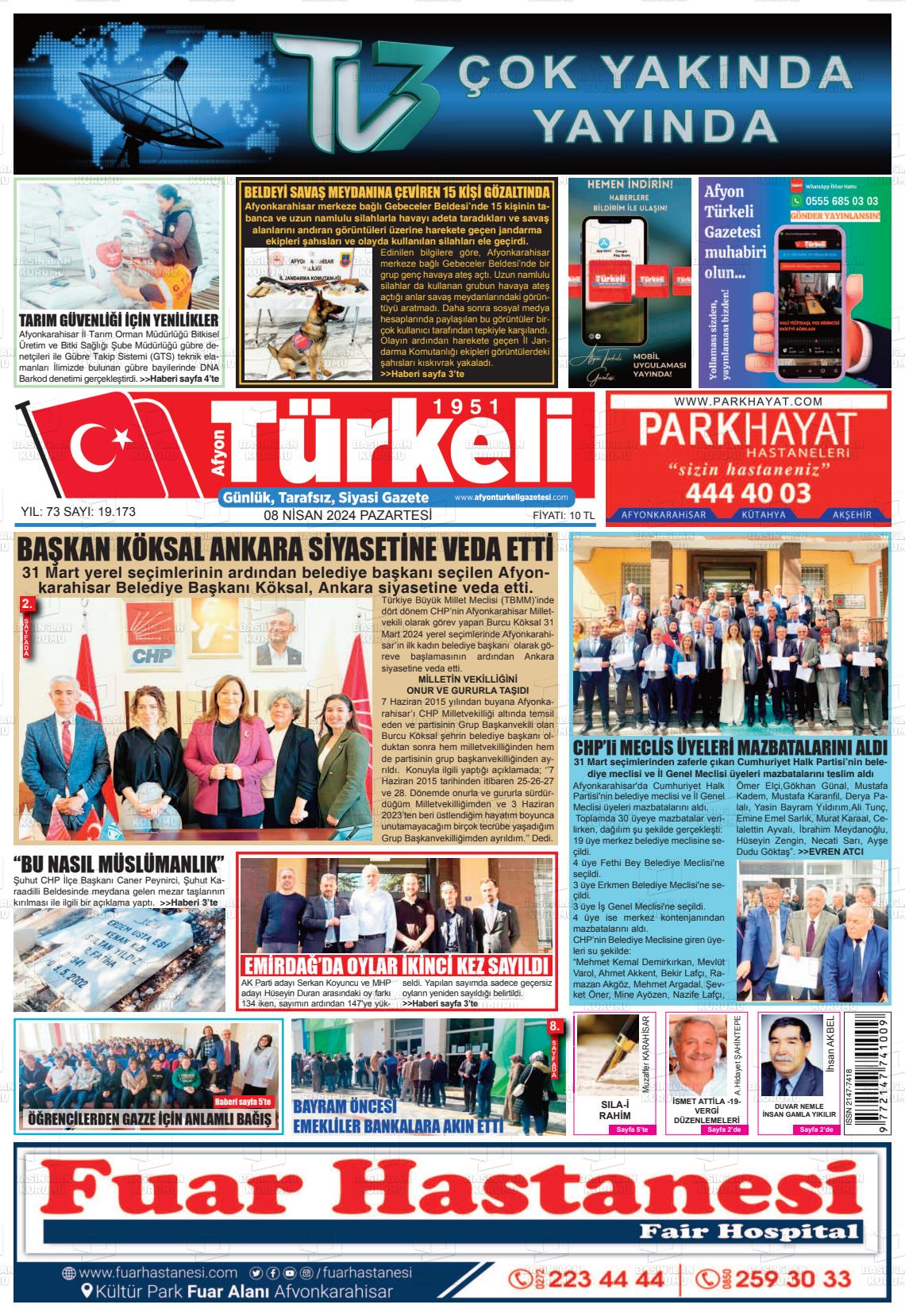 08 Nisan 2024 Afyon Türkeli Gazete Manşeti