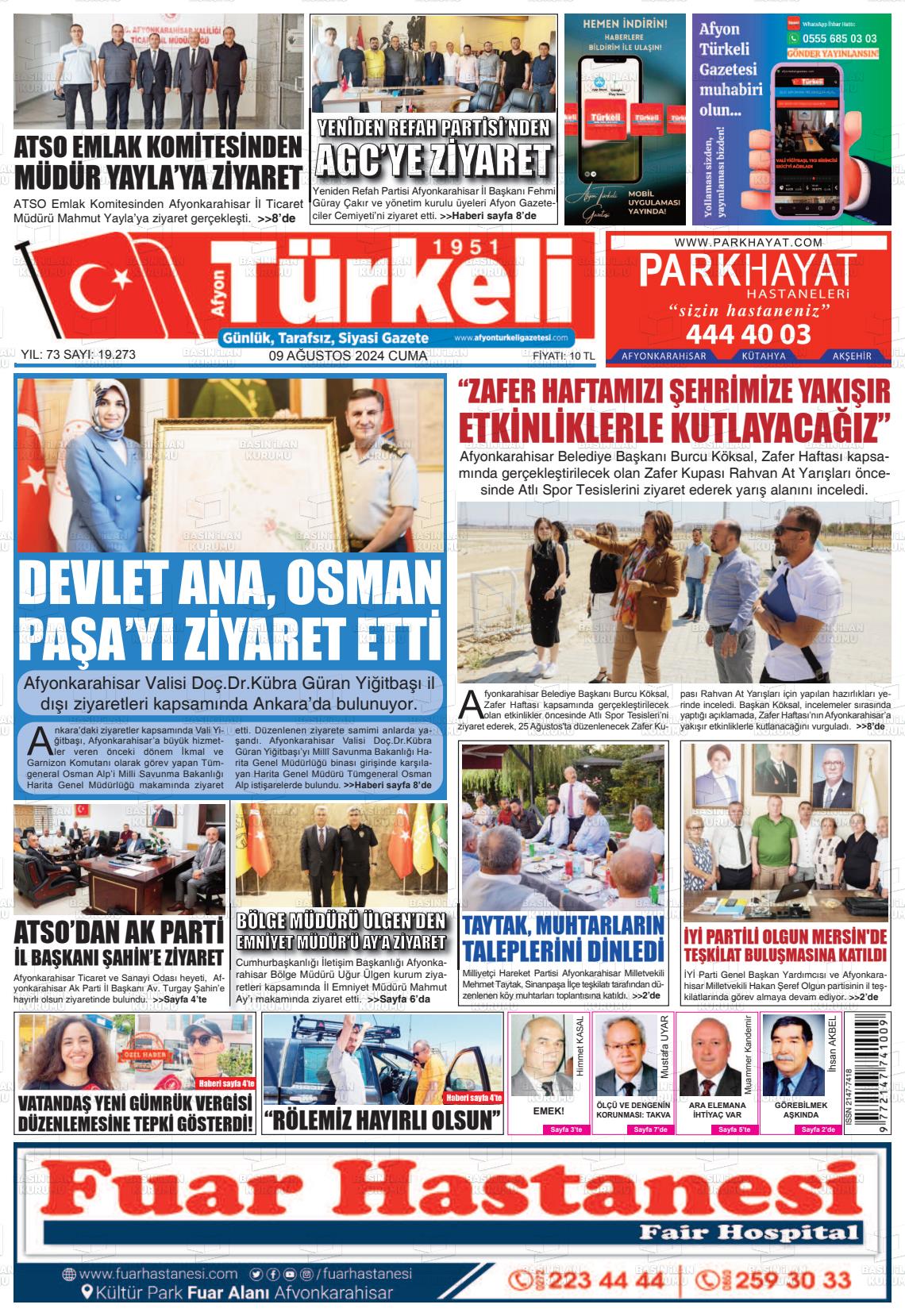 09 Ağustos 2024 Afyon Türkeli Gazete Manşeti