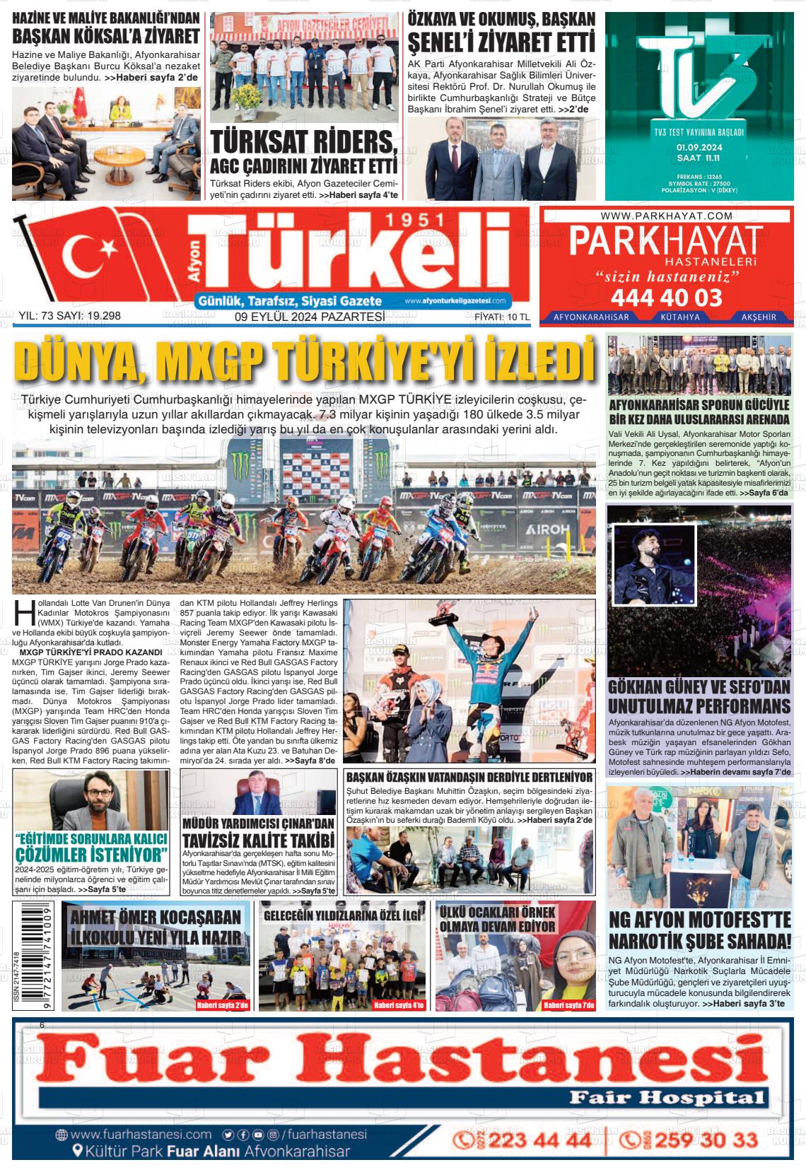 09 Eylül 2024 Afyon Türkeli Gazete Manşeti