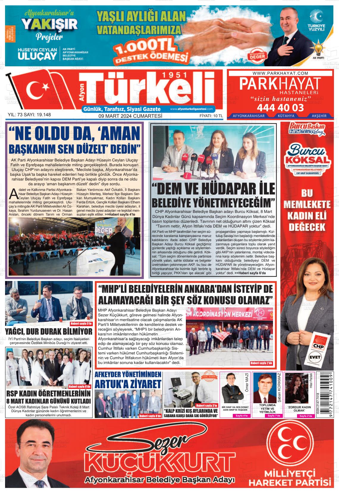 09 Mart 2024 Afyon Türkeli Gazete Manşeti