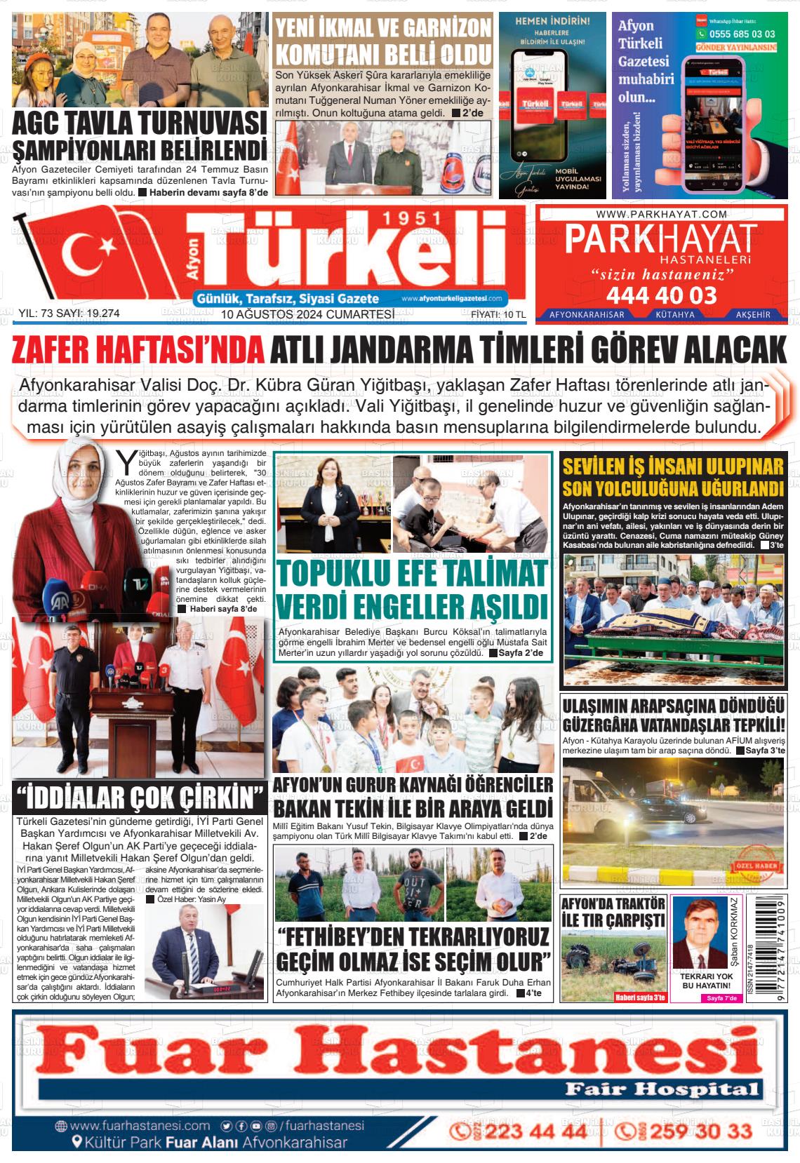 10 Ağustos 2024 Afyon Türkeli Gazete Manşeti