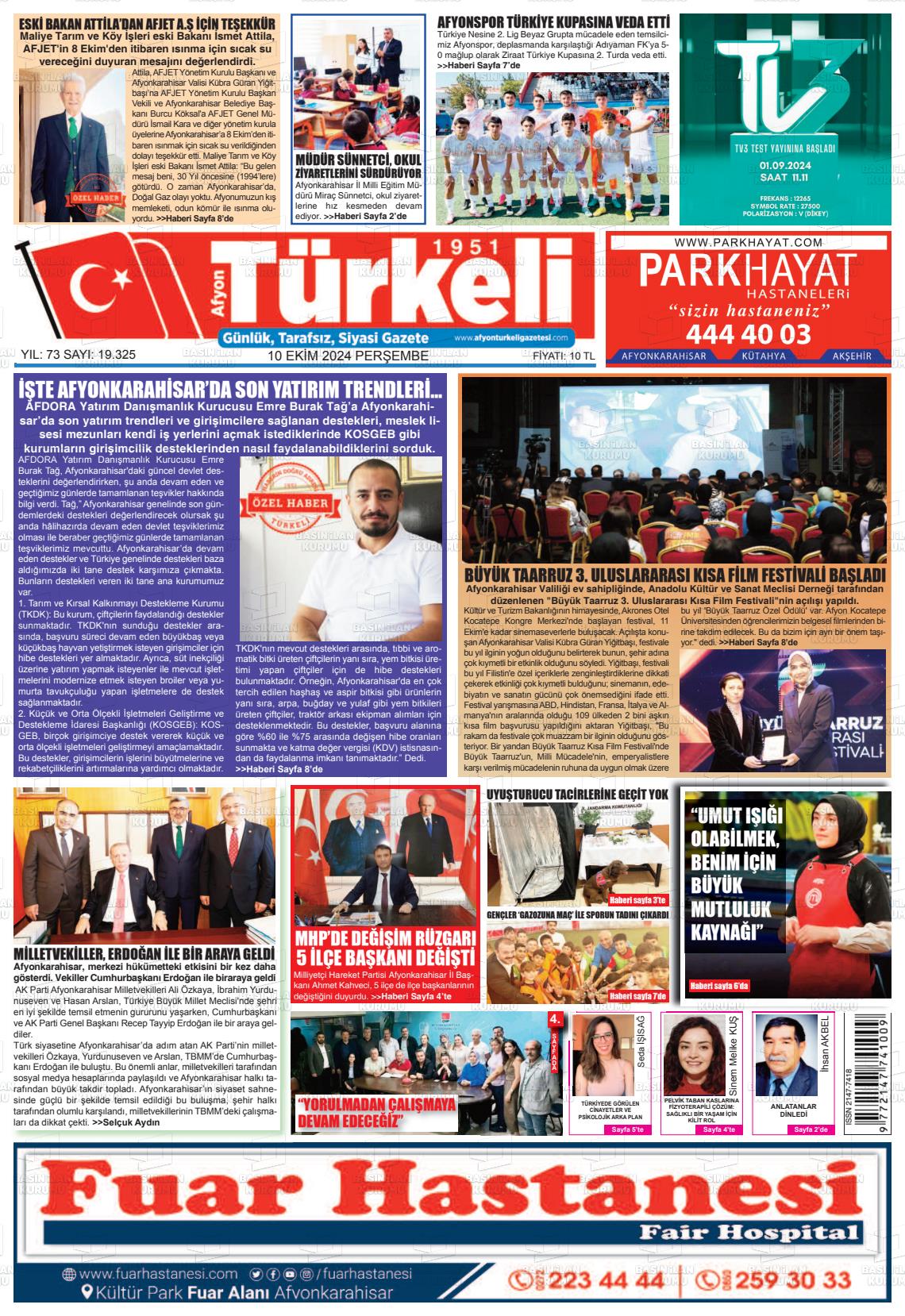 10 Ekim 2024 Afyon Türkeli Gazete Manşeti