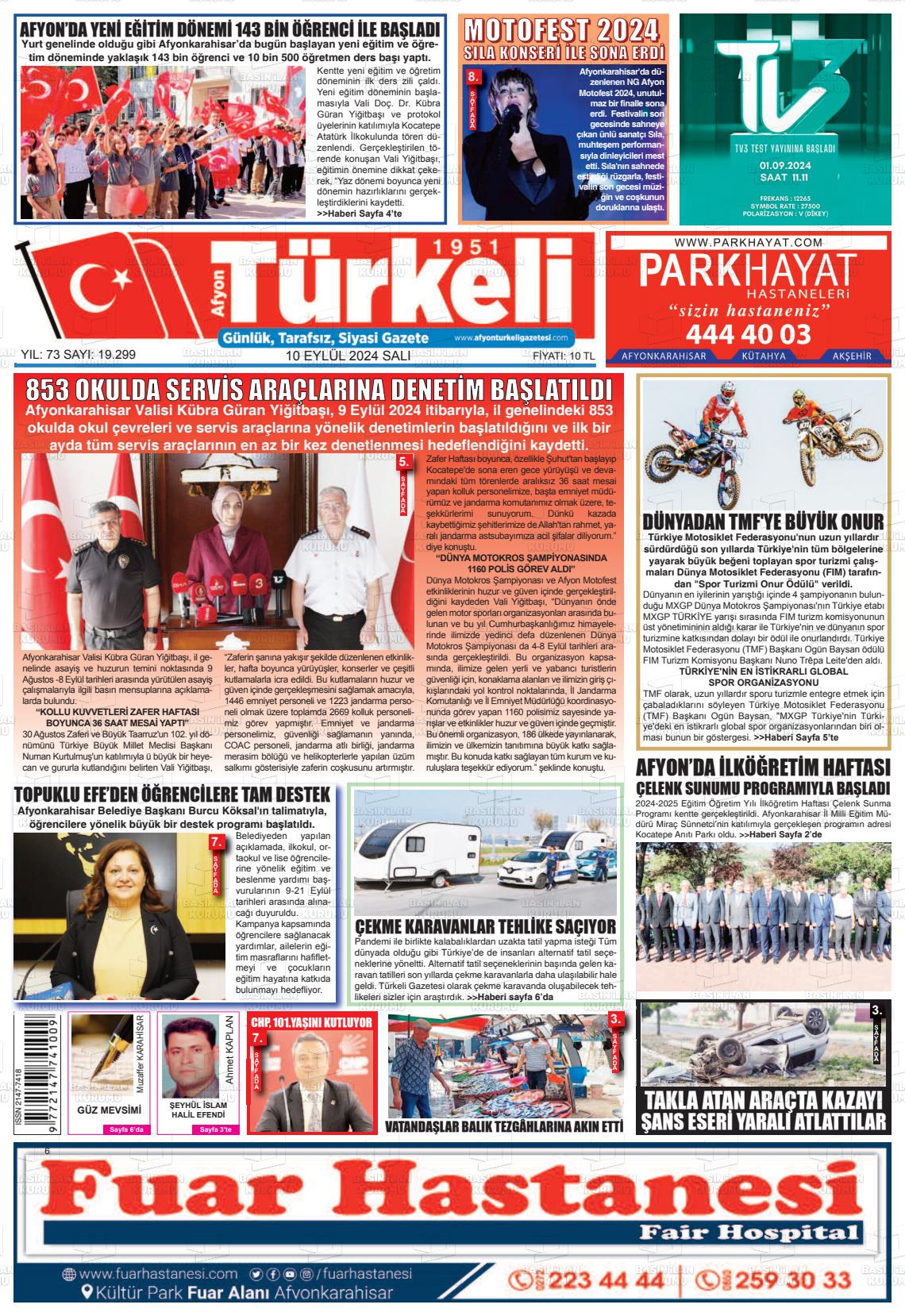 10 Eylül 2024 Afyon Türkeli Gazete Manşeti