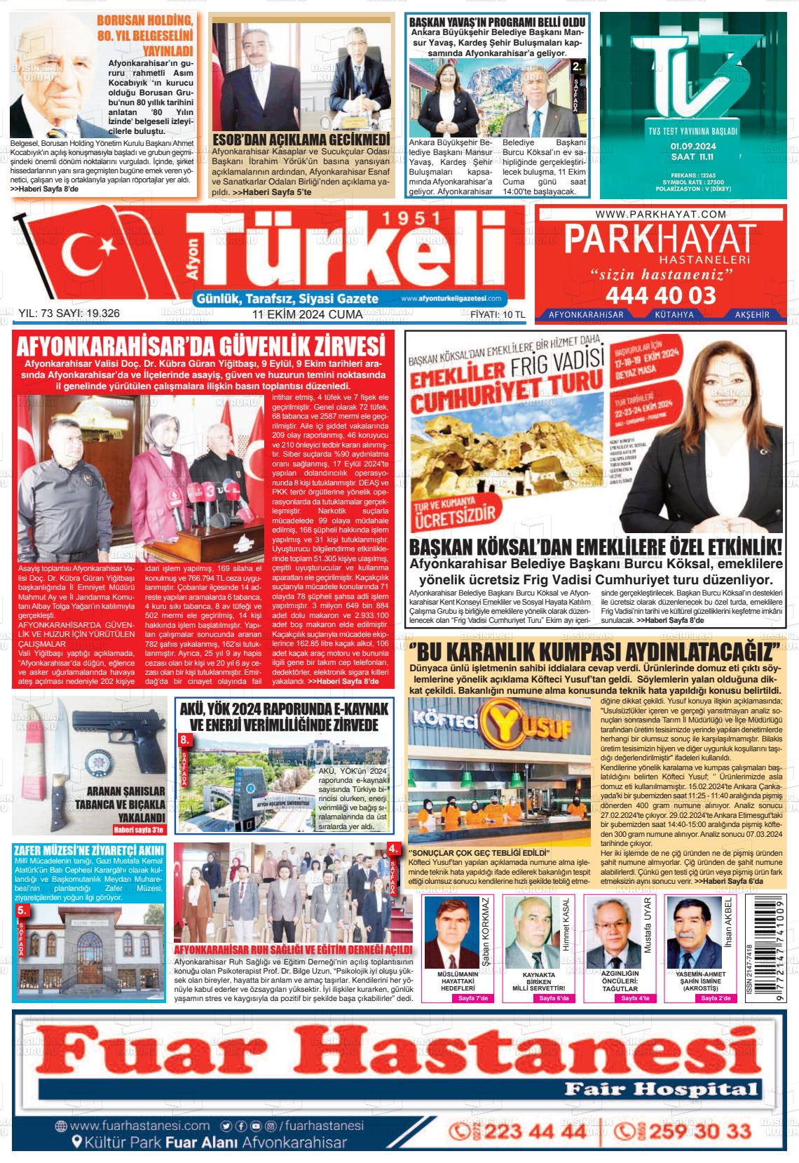 11 Ekim 2024 Afyon Türkeli Gazete Manşeti