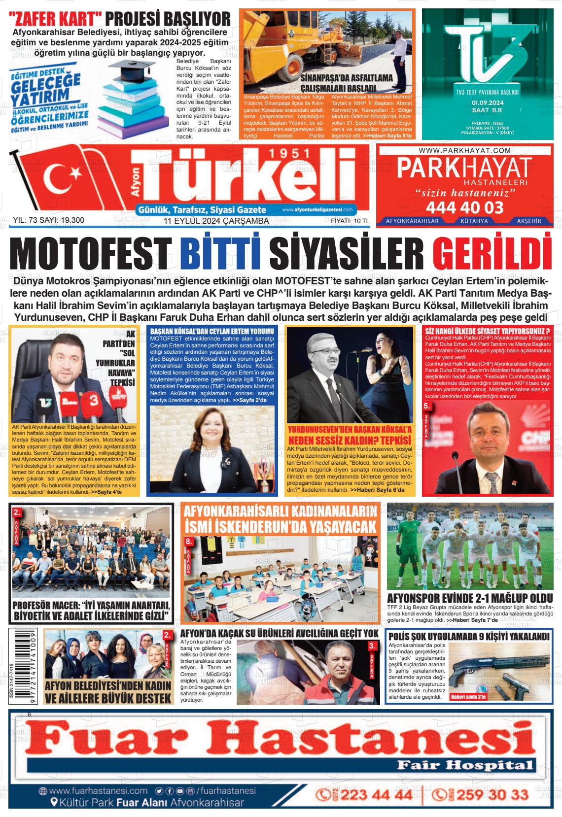 11 Eylül 2024 Afyon Türkeli Gazete Manşeti