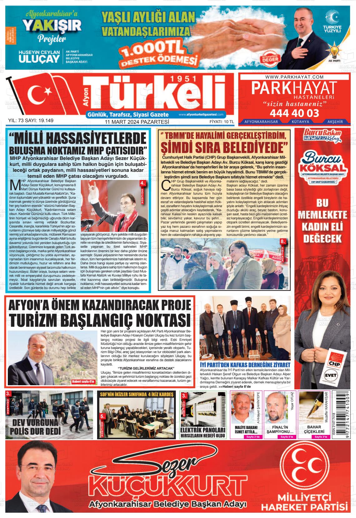 11 Mart 2024 Afyon Türkeli Gazete Manşeti