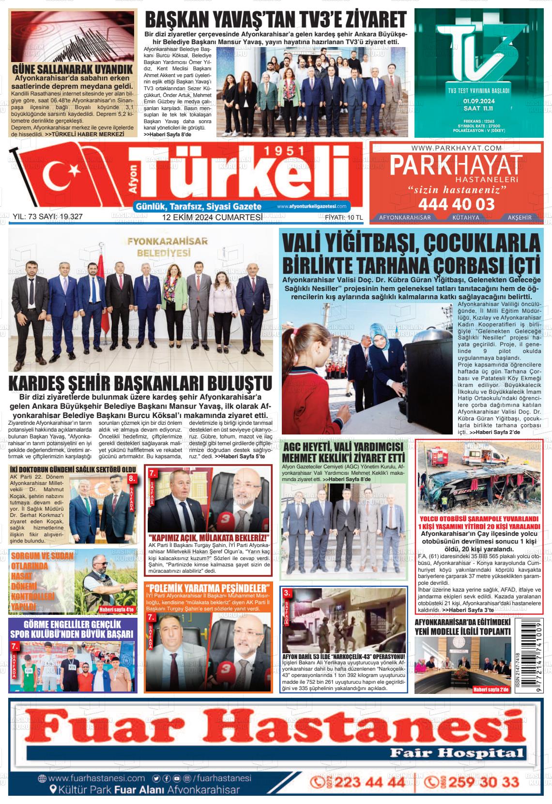 12 Ekim 2024 Afyon Türkeli Gazete Manşeti