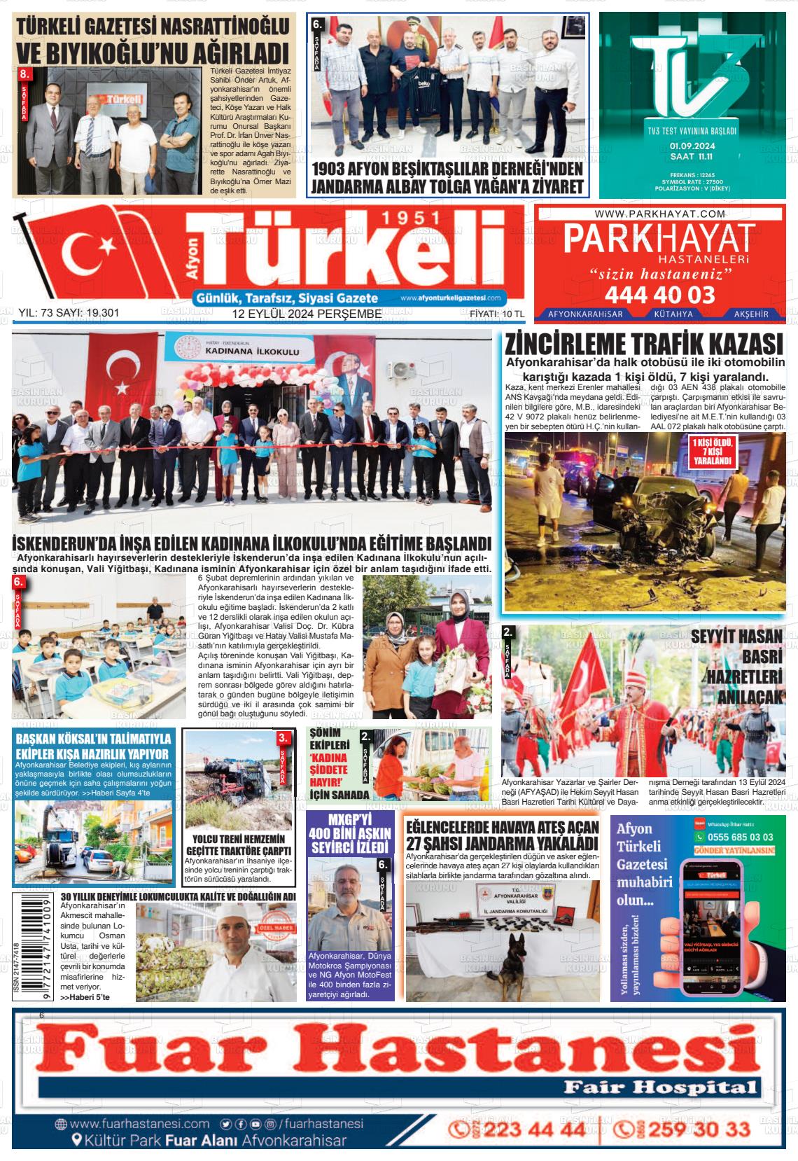 12 Eylül 2024 Afyon Türkeli Gazete Manşeti