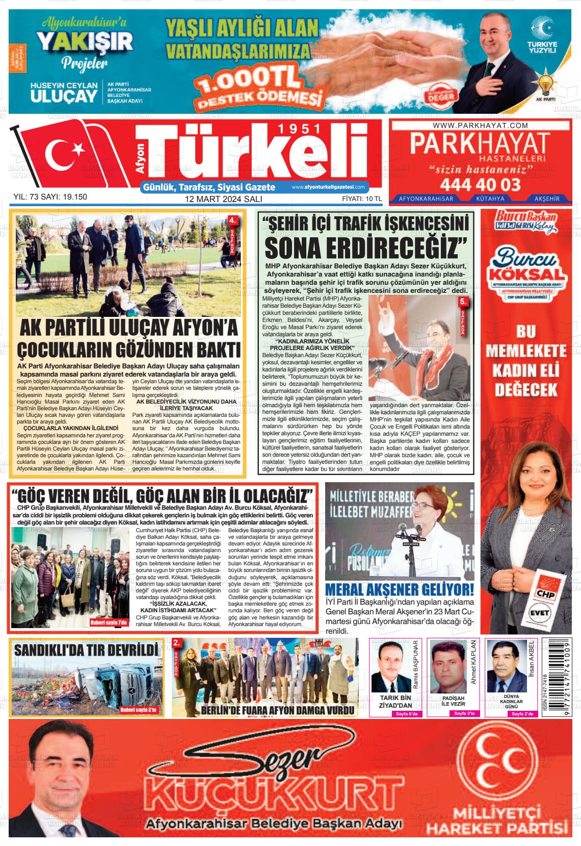 12 Mart 2024 Afyon Türkeli Gazete Manşeti