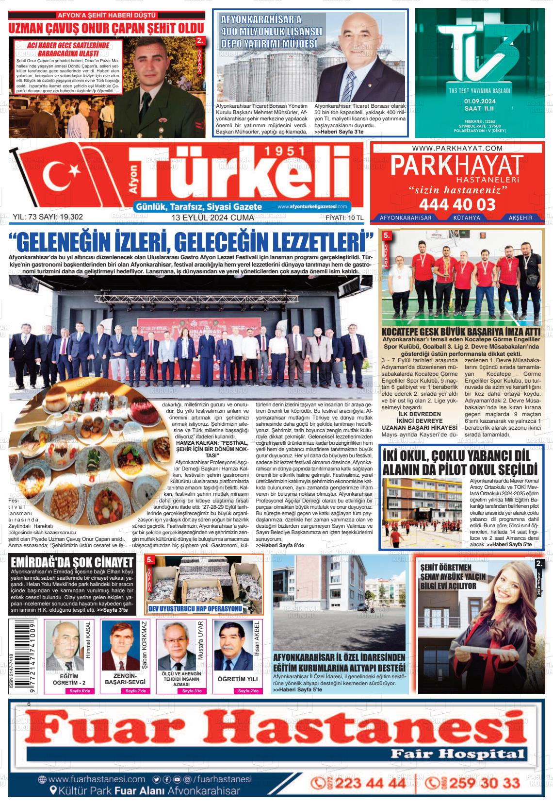 13 Eylül 2024 Afyon Türkeli Gazete Manşeti