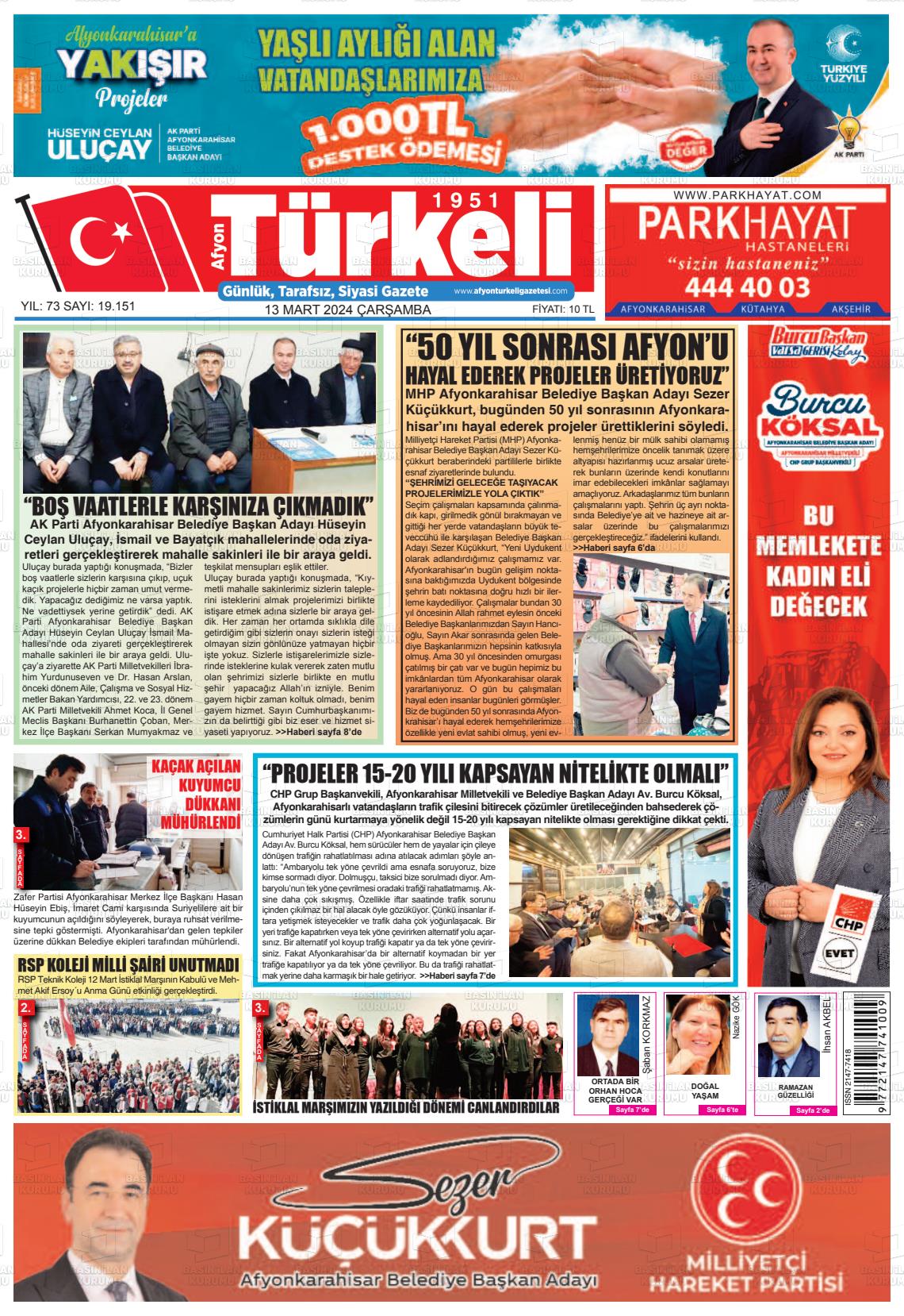 13 Mart 2024 Afyon Türkeli Gazete Manşeti