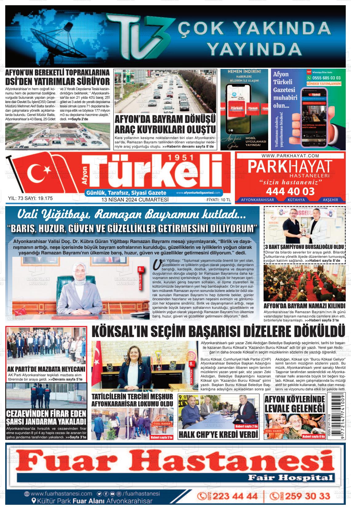 13 Nisan 2024 Afyon Türkeli Gazete Manşeti