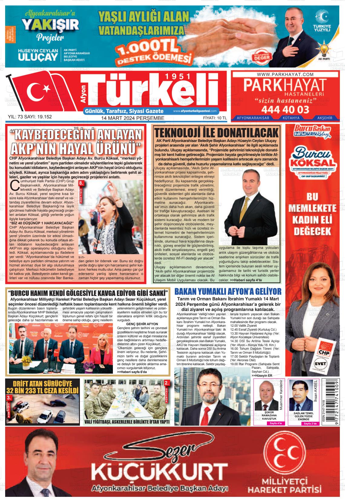 14 Mart 2024 Afyon Türkeli Gazete Manşeti