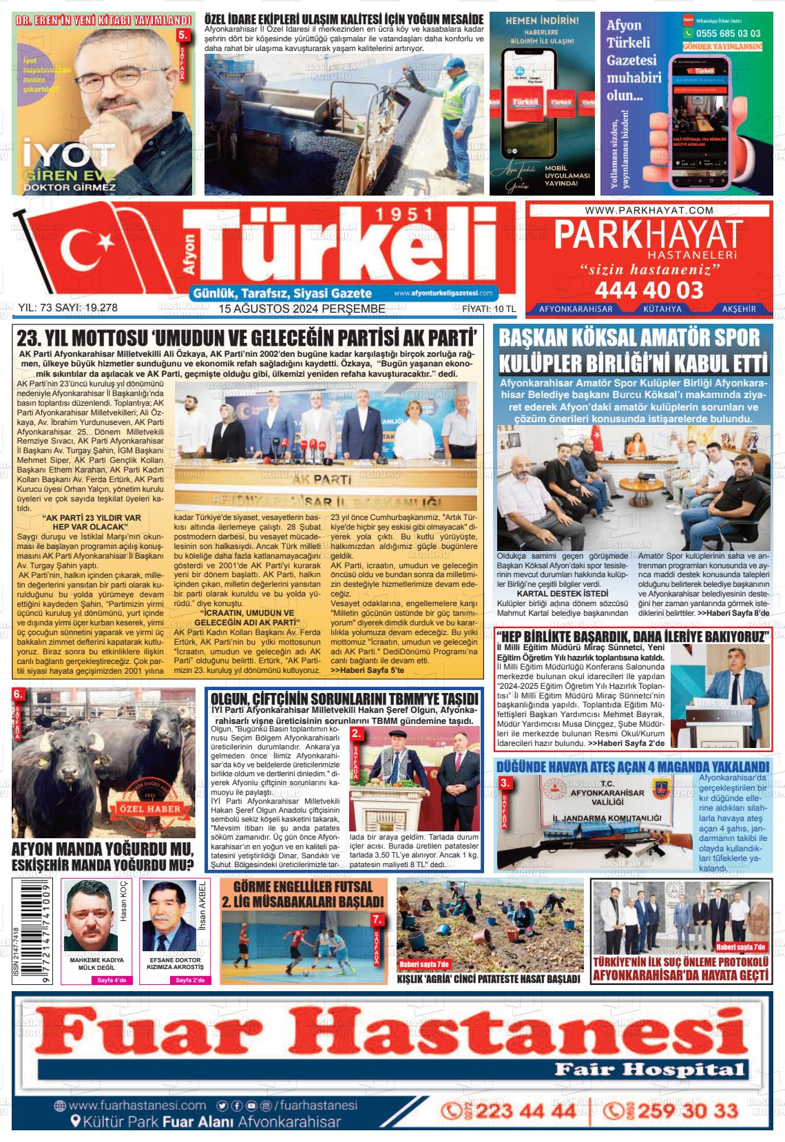 15 Ağustos 2024 Afyon Türkeli Gazete Manşeti