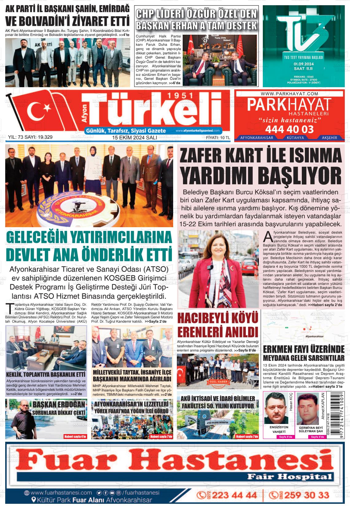 15 Ekim 2024 Afyon Türkeli Gazete Manşeti