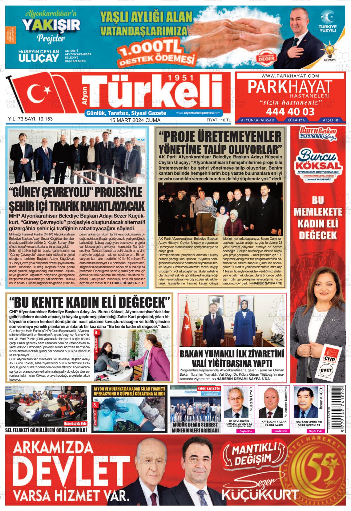 15 Mart 2024 Afyon Türkeli Gazete Manşeti