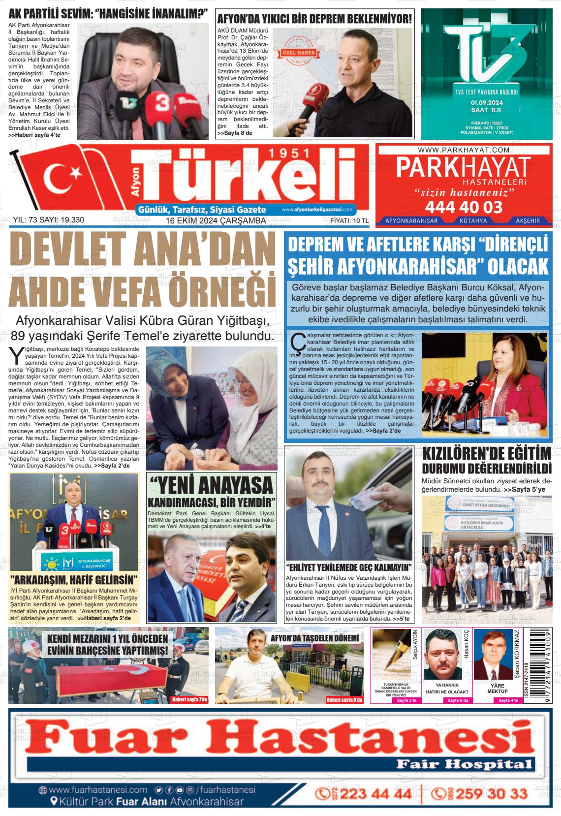 16 Ekim 2024 Afyon Türkeli Gazete Manşeti