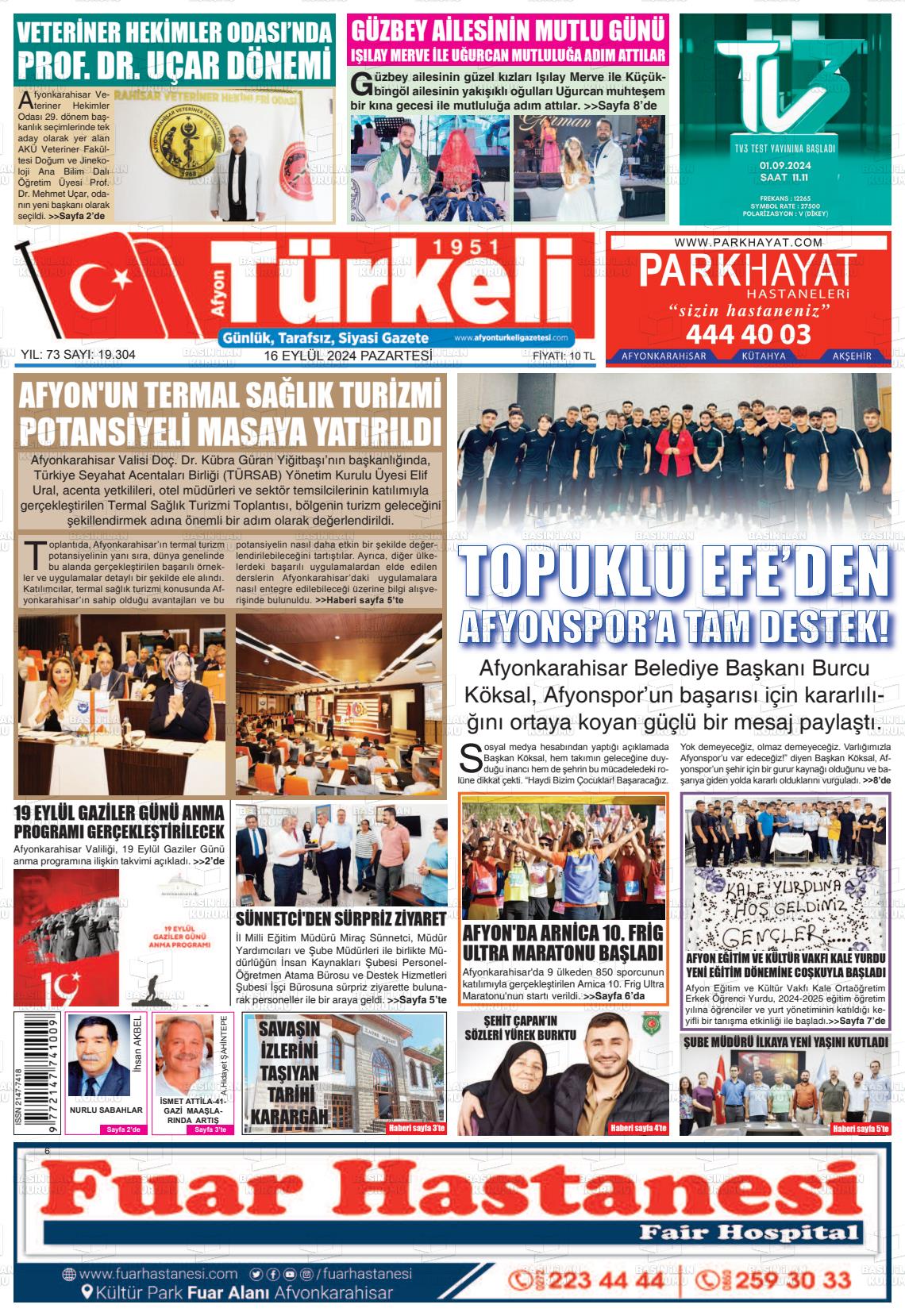 16 Eylül 2024 Afyon Türkeli Gazete Manşeti