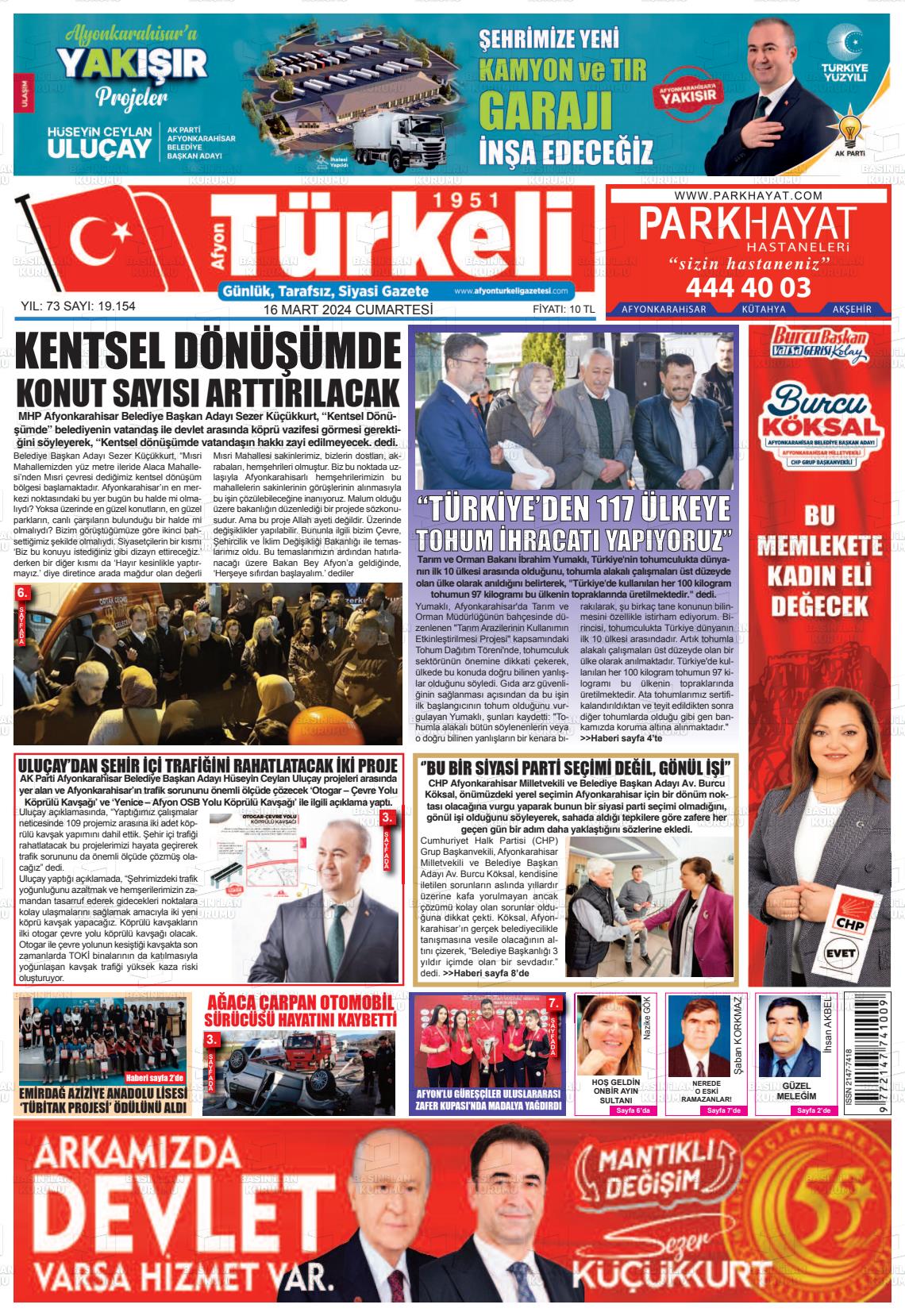 16 Mart 2024 Afyon Türkeli Gazete Manşeti