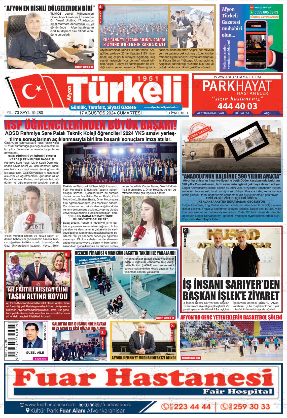 17 Ağustos 2024 Afyon Türkeli Gazete Manşeti