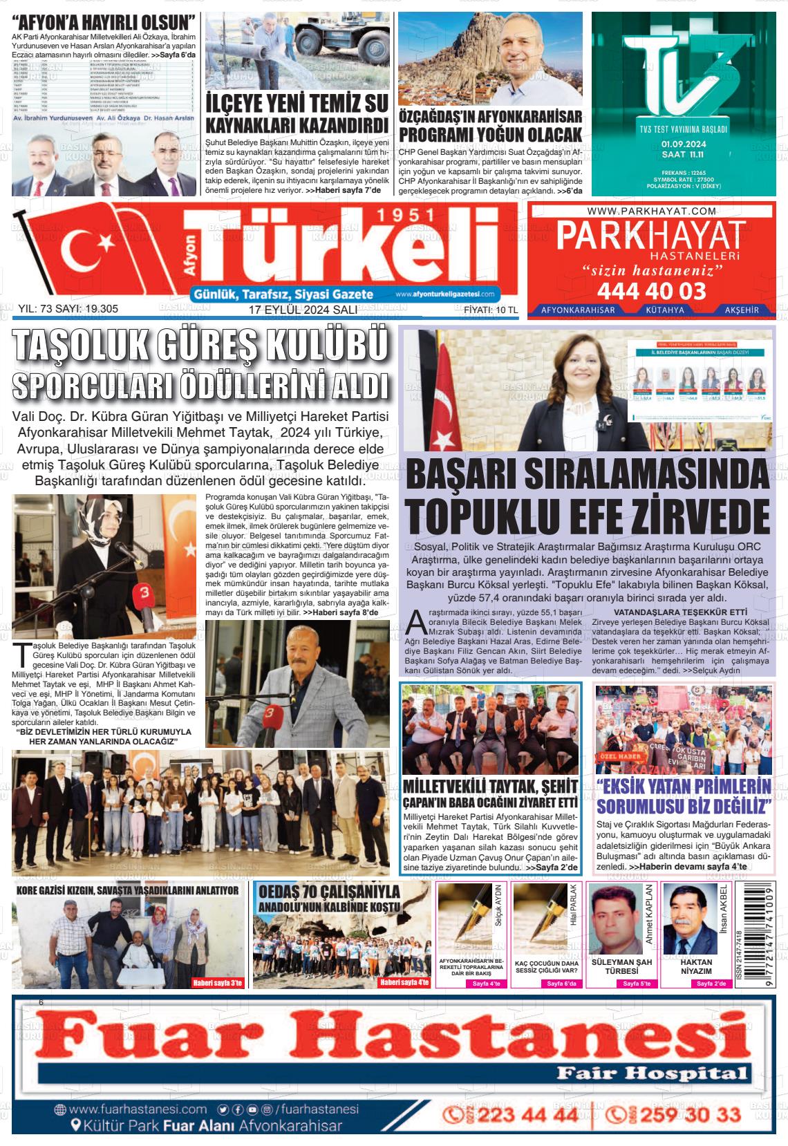 17 Eylül 2024 Afyon Türkeli Gazete Manşeti