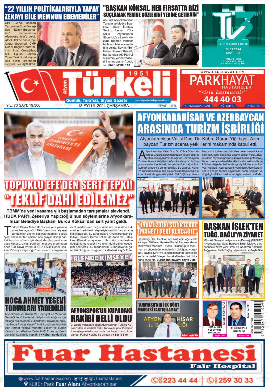 18 Eylül 2024 Afyon Türkeli Gazete Manşeti