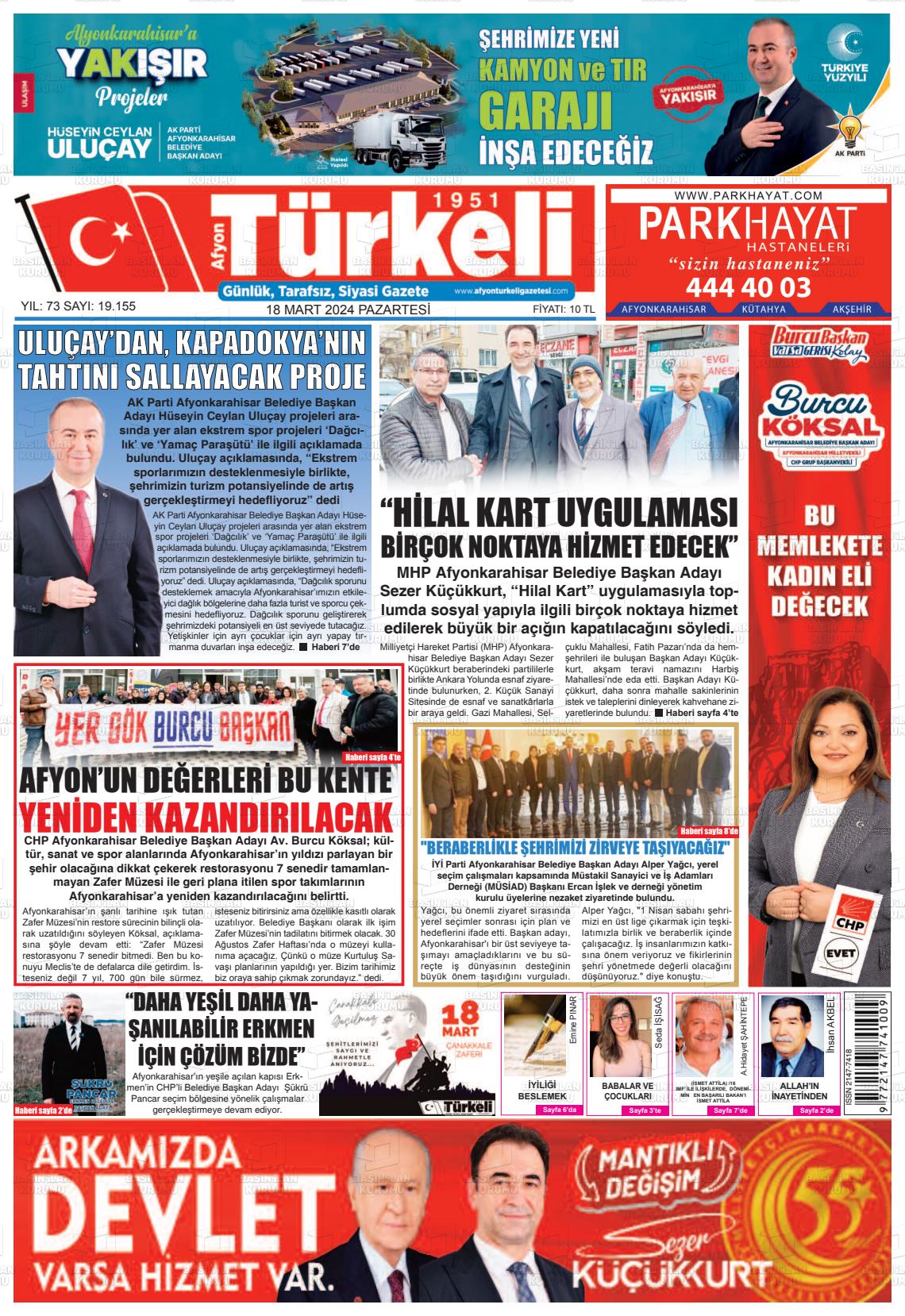 18 Mart 2024 Afyon Türkeli Gazete Manşeti