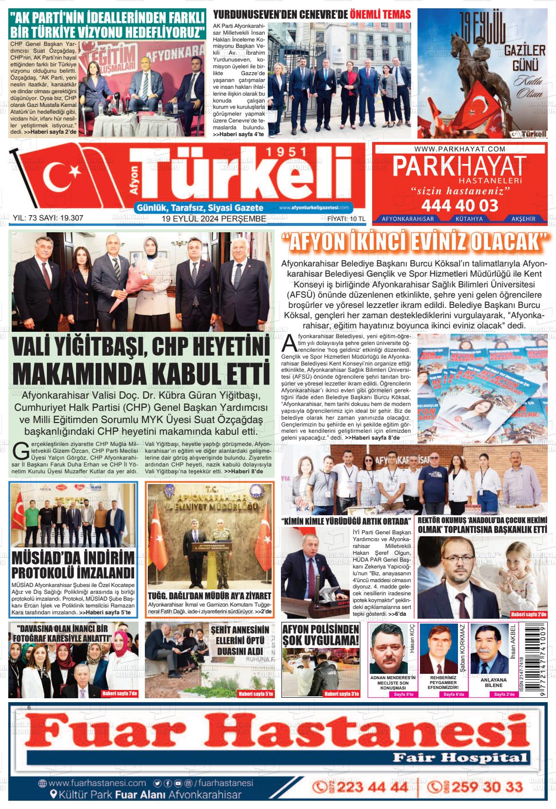 19 Eylül 2024 Afyon Türkeli Gazete Manşeti