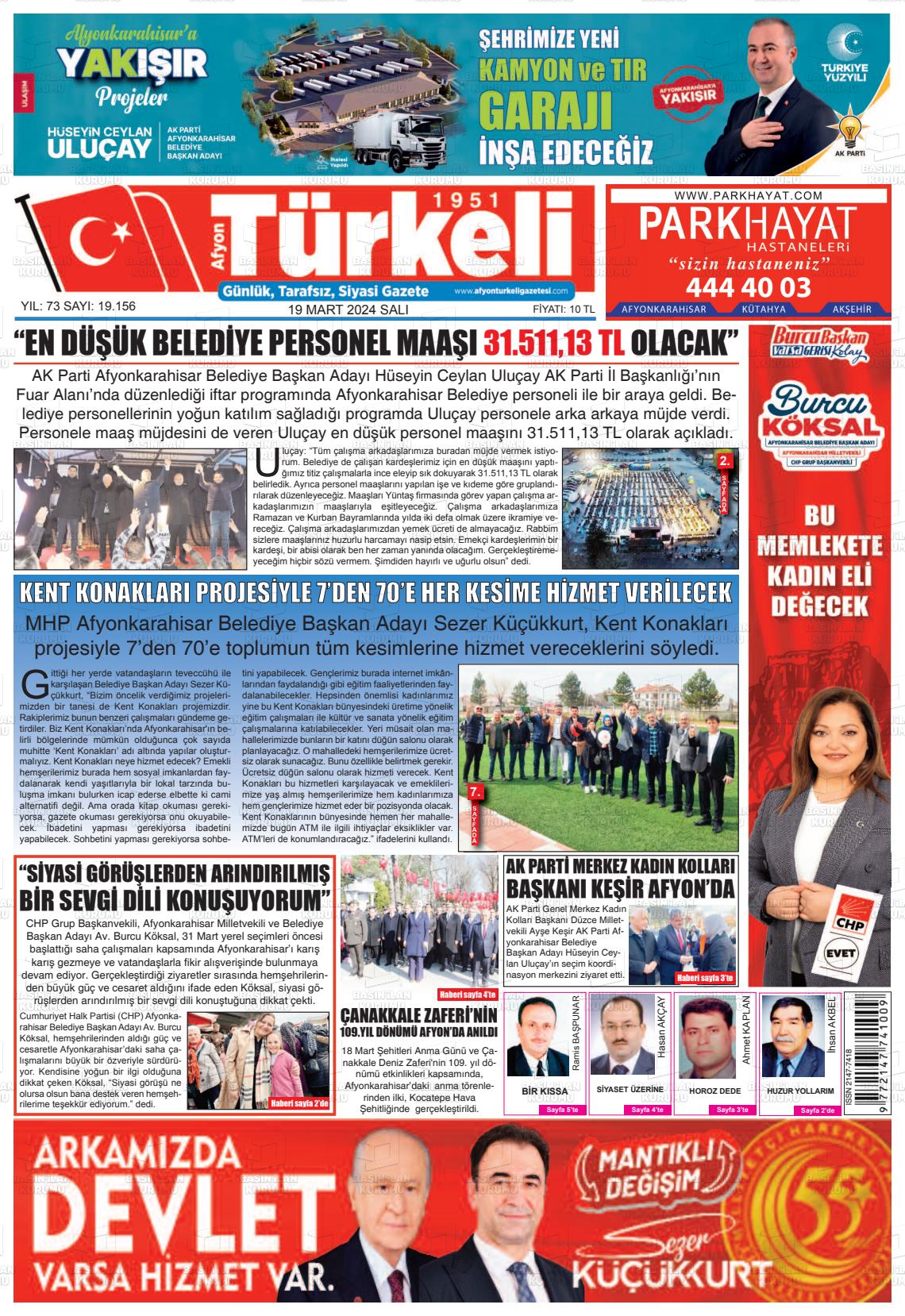 19 Mart 2024 Afyon Türkeli Gazete Manşeti