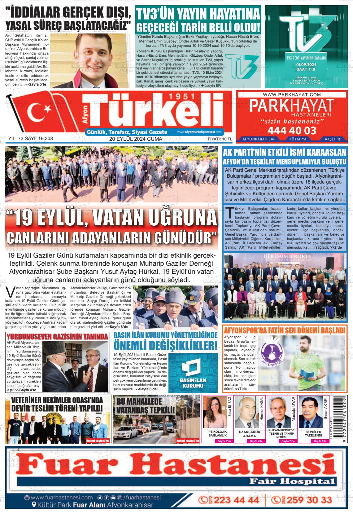 20 Eylül 2024 Afyon Türkeli Gazete Manşeti