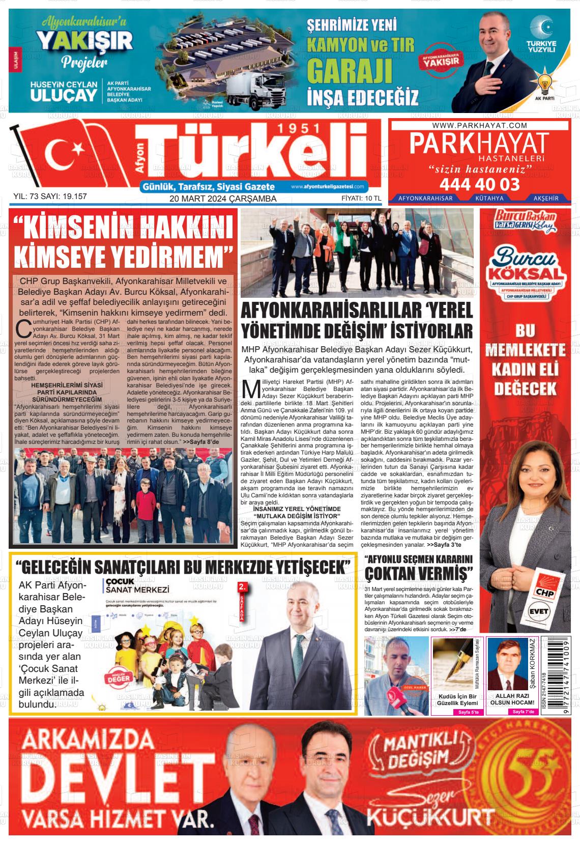 20 Mart 2024 Afyon Türkeli Gazete Manşeti